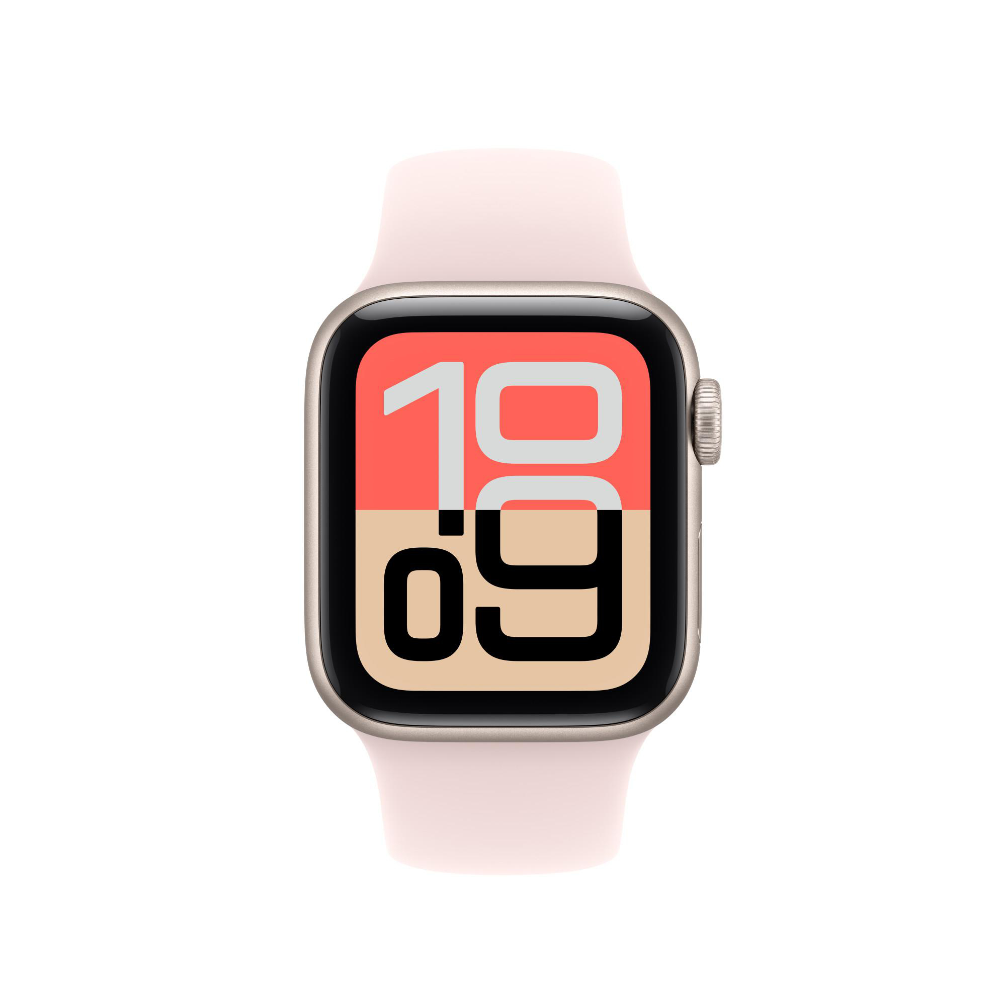 Eine rosafarbene Apple Watch mit silbernem Gehäuse und einem Display, das 10:09 anzeigt.