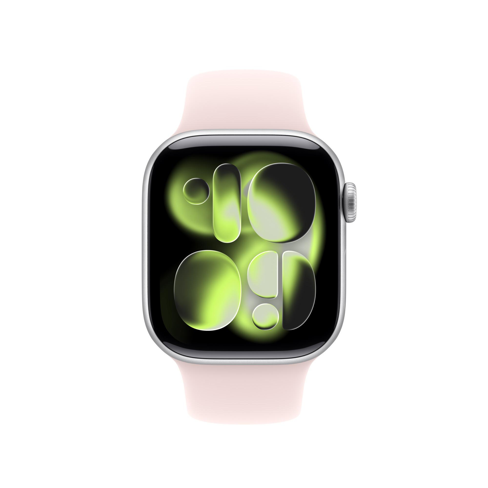 Eine silberne Smartwatch mit einem hellrosa Band. Das Display zeigt grüne, abstrakte Formen.