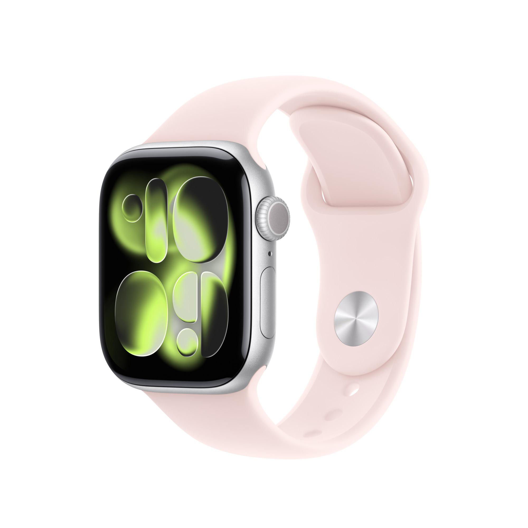 Silberne Smartwatch mit rosa Armband, leuchtendes Display zeigt Zahlen an.