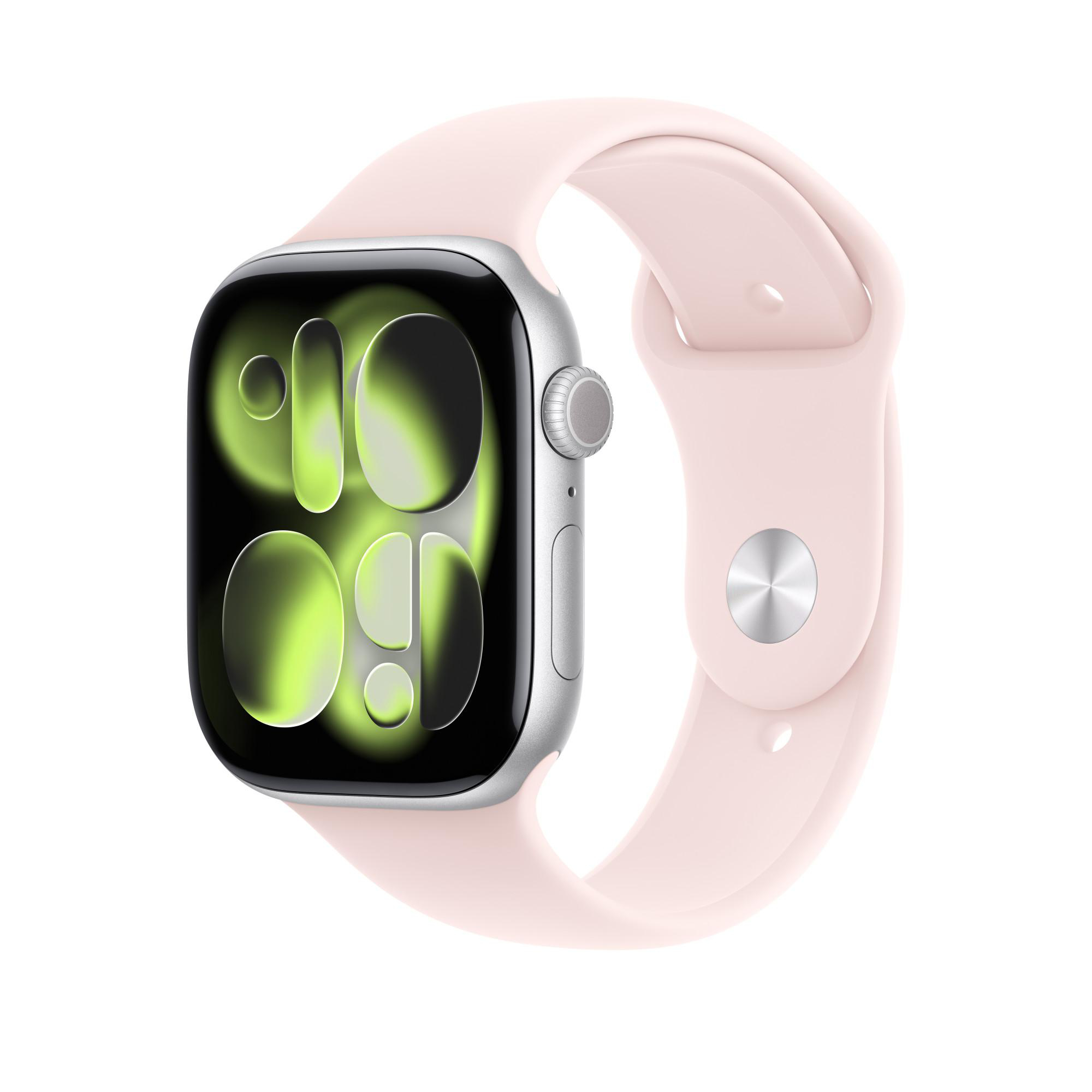 Eine rosafarbene Smartwatch mit silbernem Gehäuse und grünem Zifferblatt.