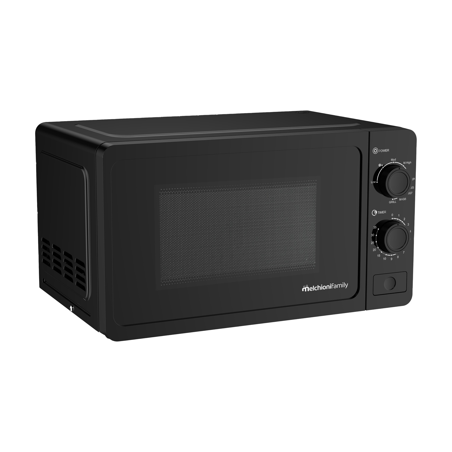 Forno a microonde nero Melchioni Family con manopole rotanti per potenza e timer.