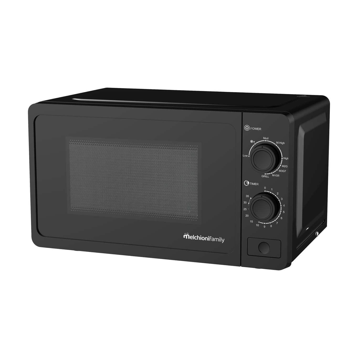 Forno a microonde nero con manopole di controllo per potenza e timer.