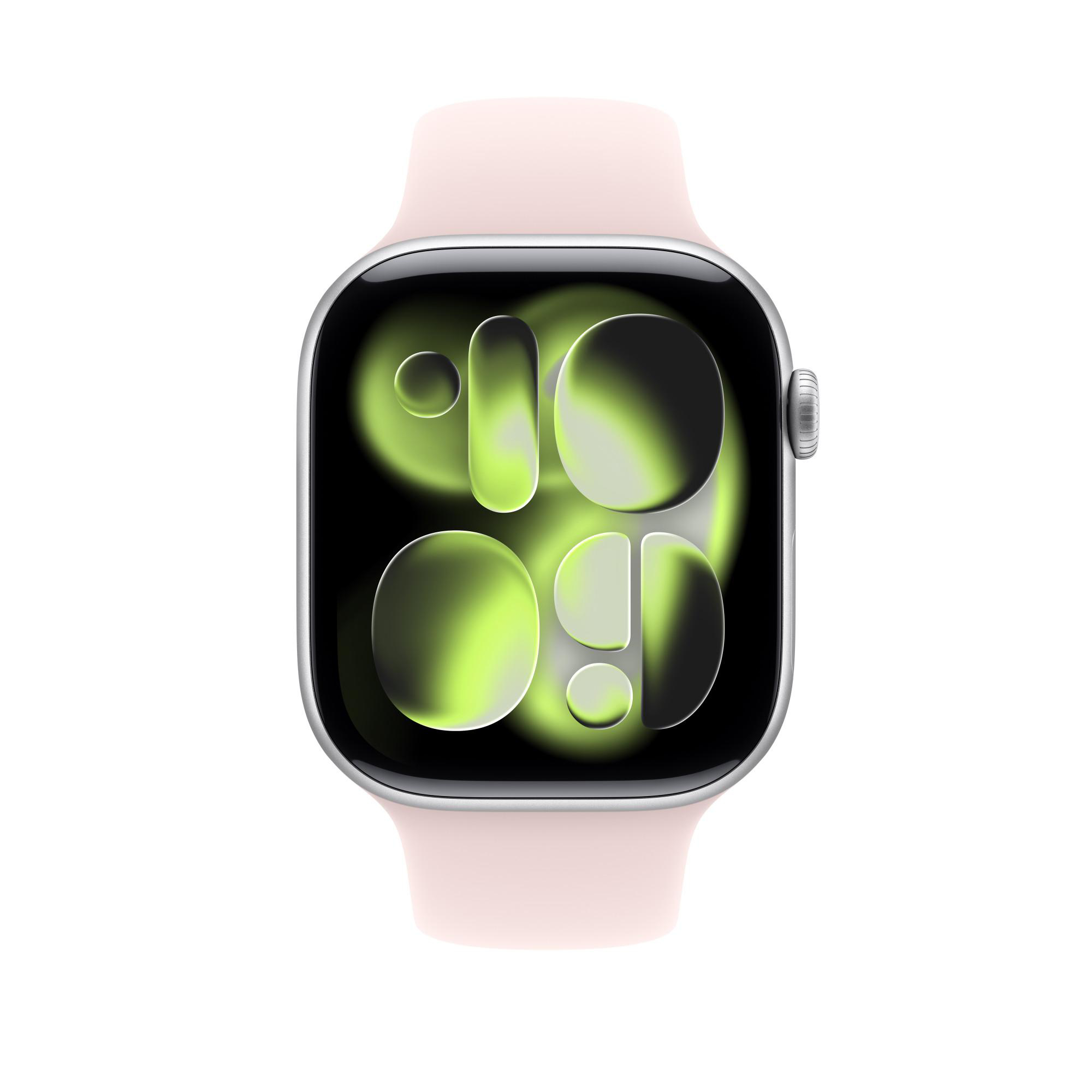 Eine rosafarbene Smartwatch mit einem digitalen Zifferblatt in Grün- und Schwarztönen.