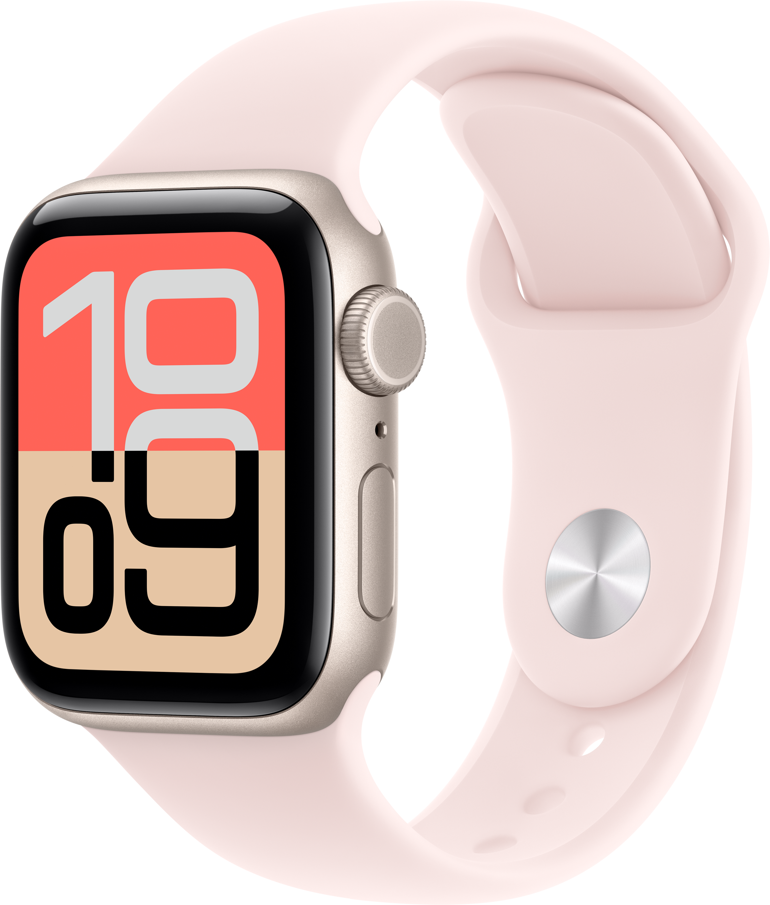 Eine rosafarbene Smartwatch mit einem hellbeigen Gehäuse und einem roten Zifferblatt.