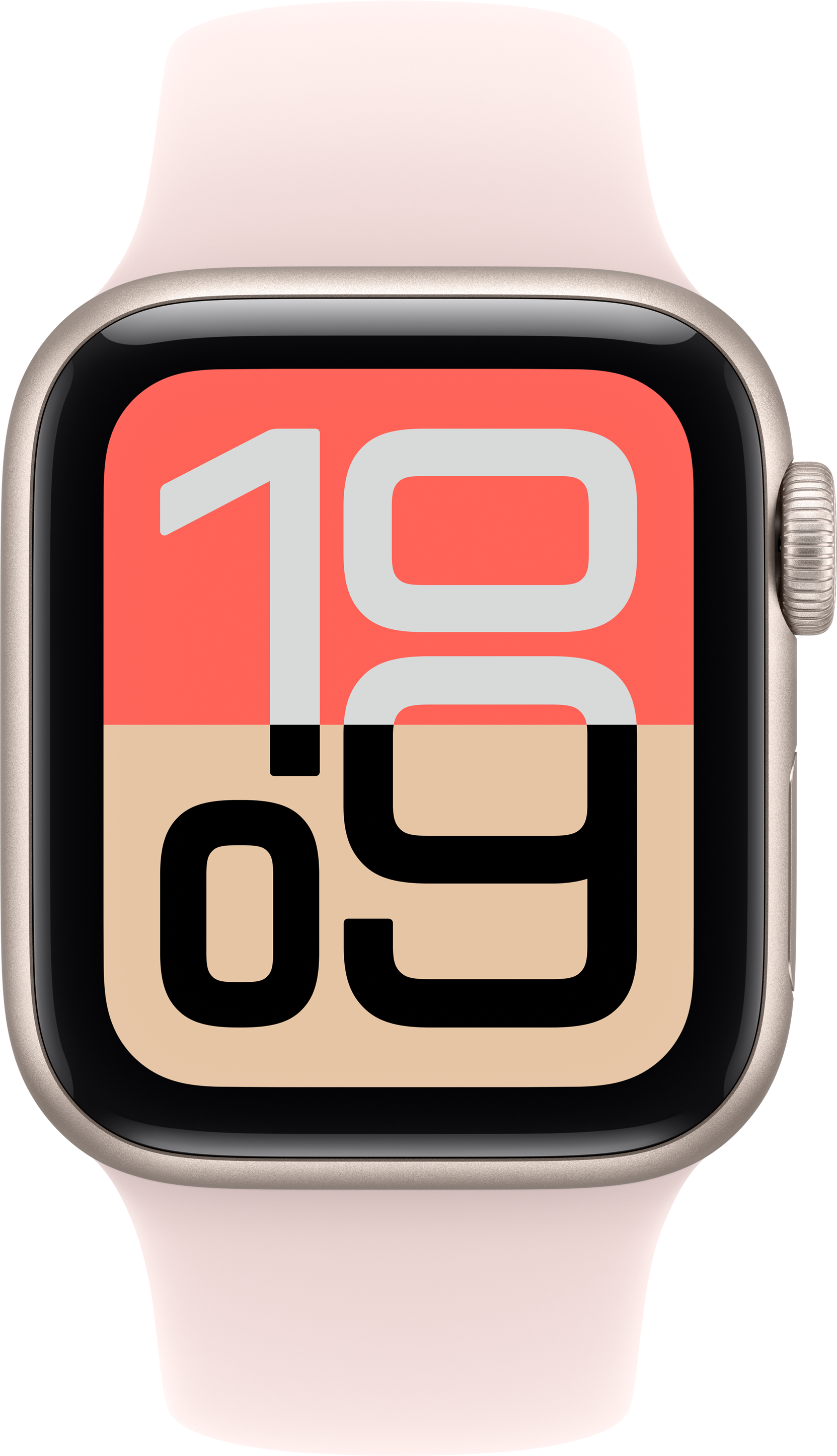 Eine rosafarbene Smartwatch mit einem Zifferblatt, das die Zeit 10:09 anzeigt.
