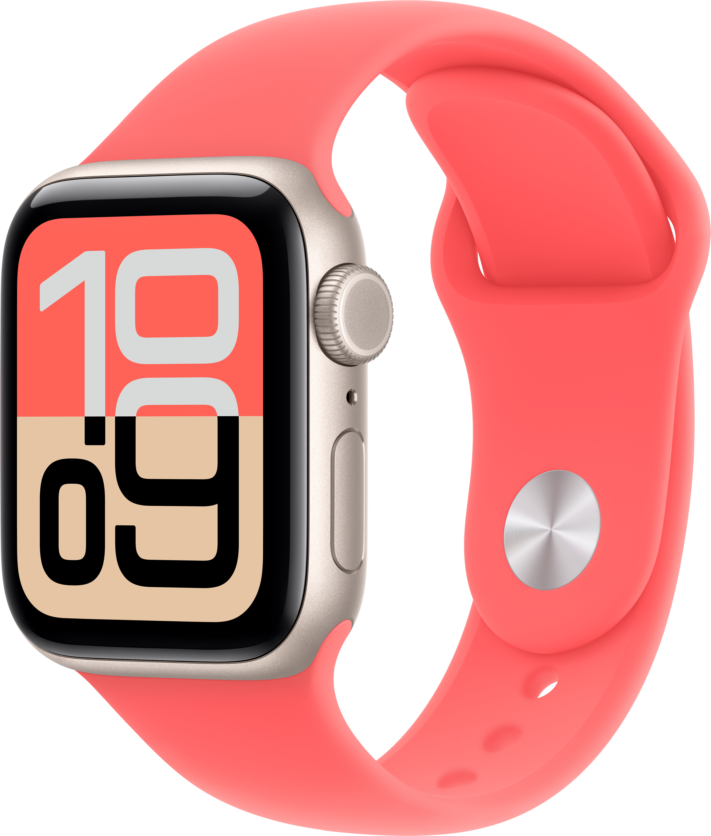 Eine goldene Smartwatch mit einem korallenroten Armband und einem Zifferblatt mit der Zeit 10:09.
