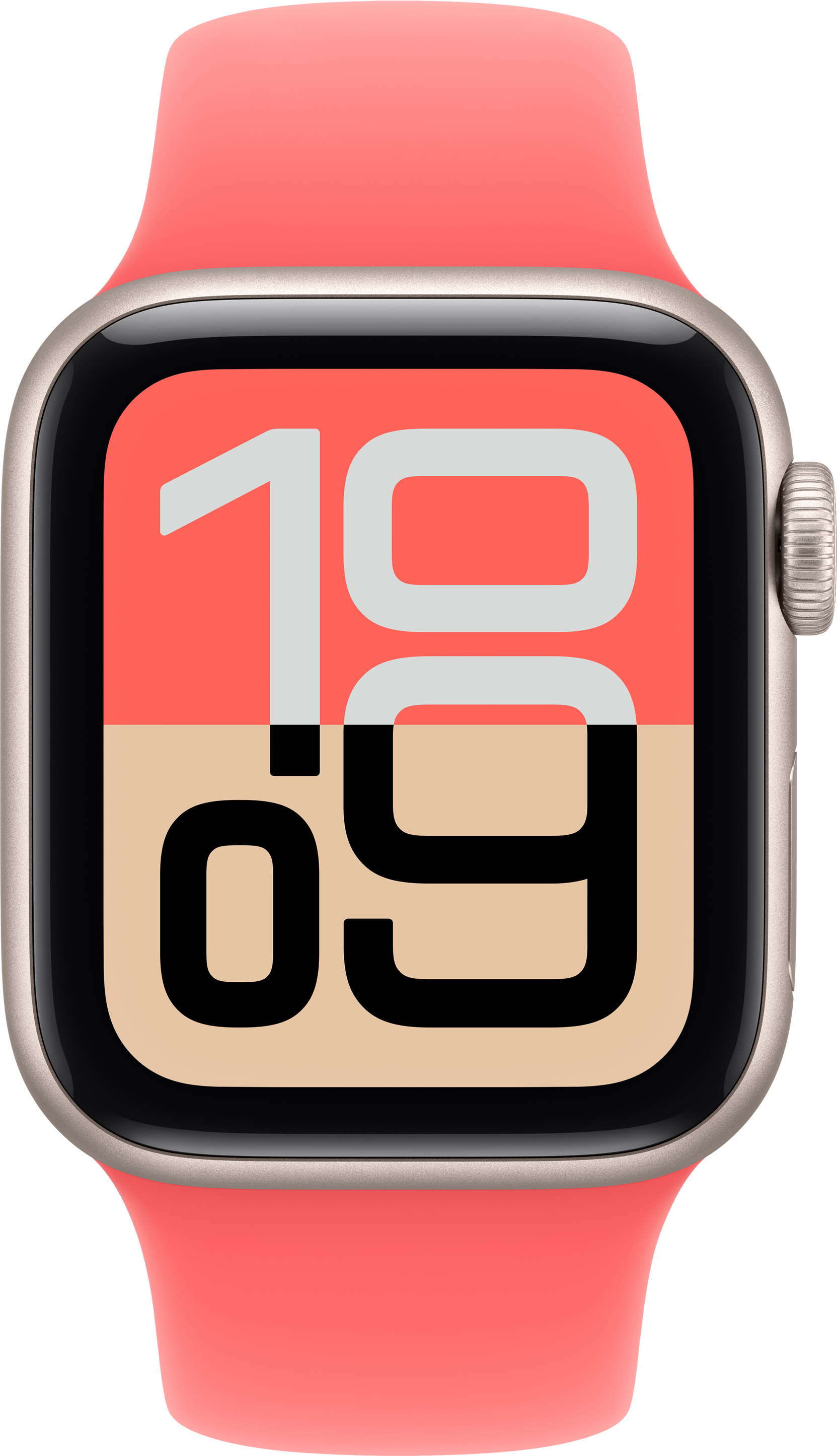 Eine Smartwatch mit einem Korallenband zeigt die Uhrzeit '19:09' auf einem zweifarbigen Zifferblatt.