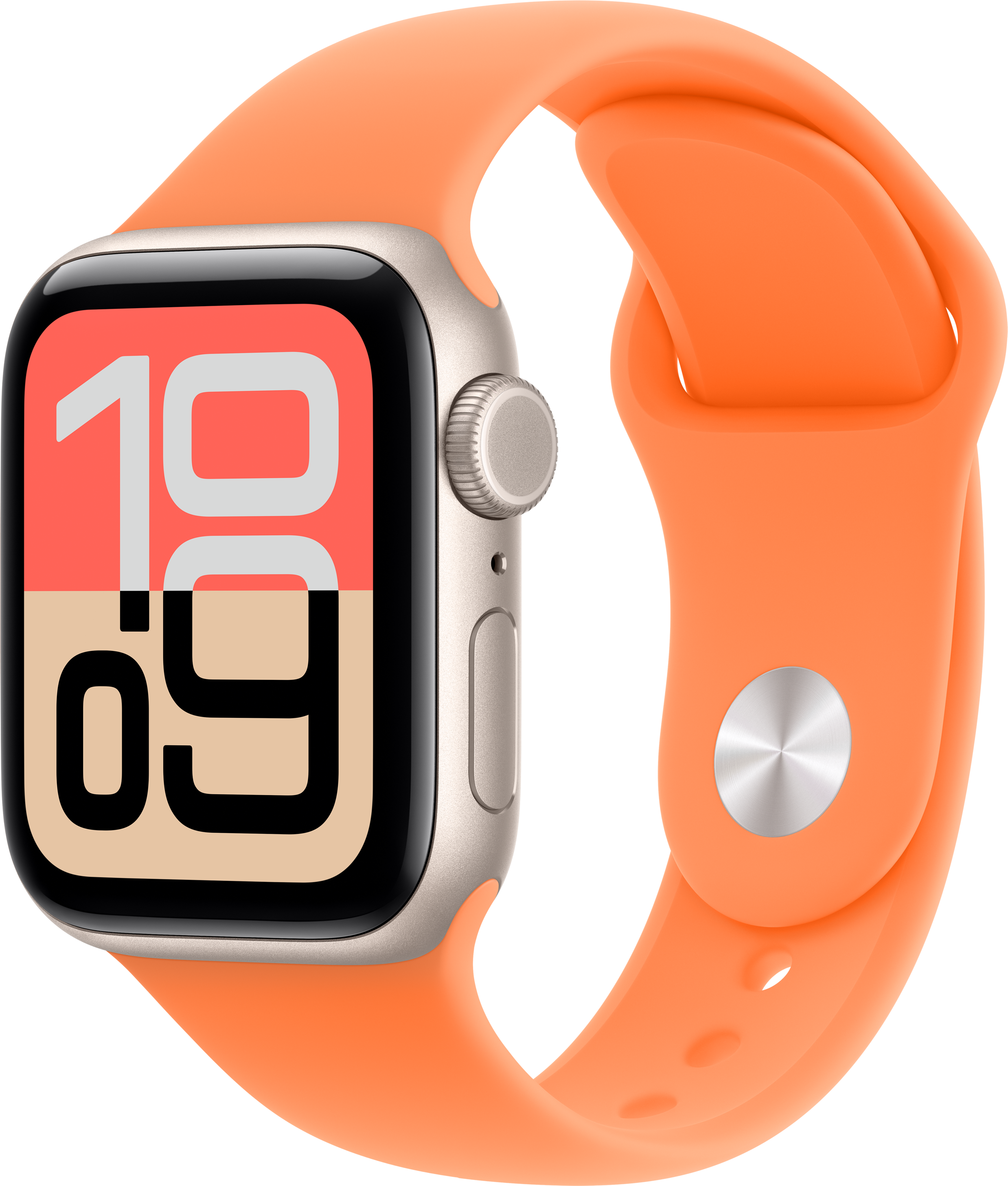Eine silberne Smartwatch mit orangefarbenem Armband, die 10:09 anzeigt.