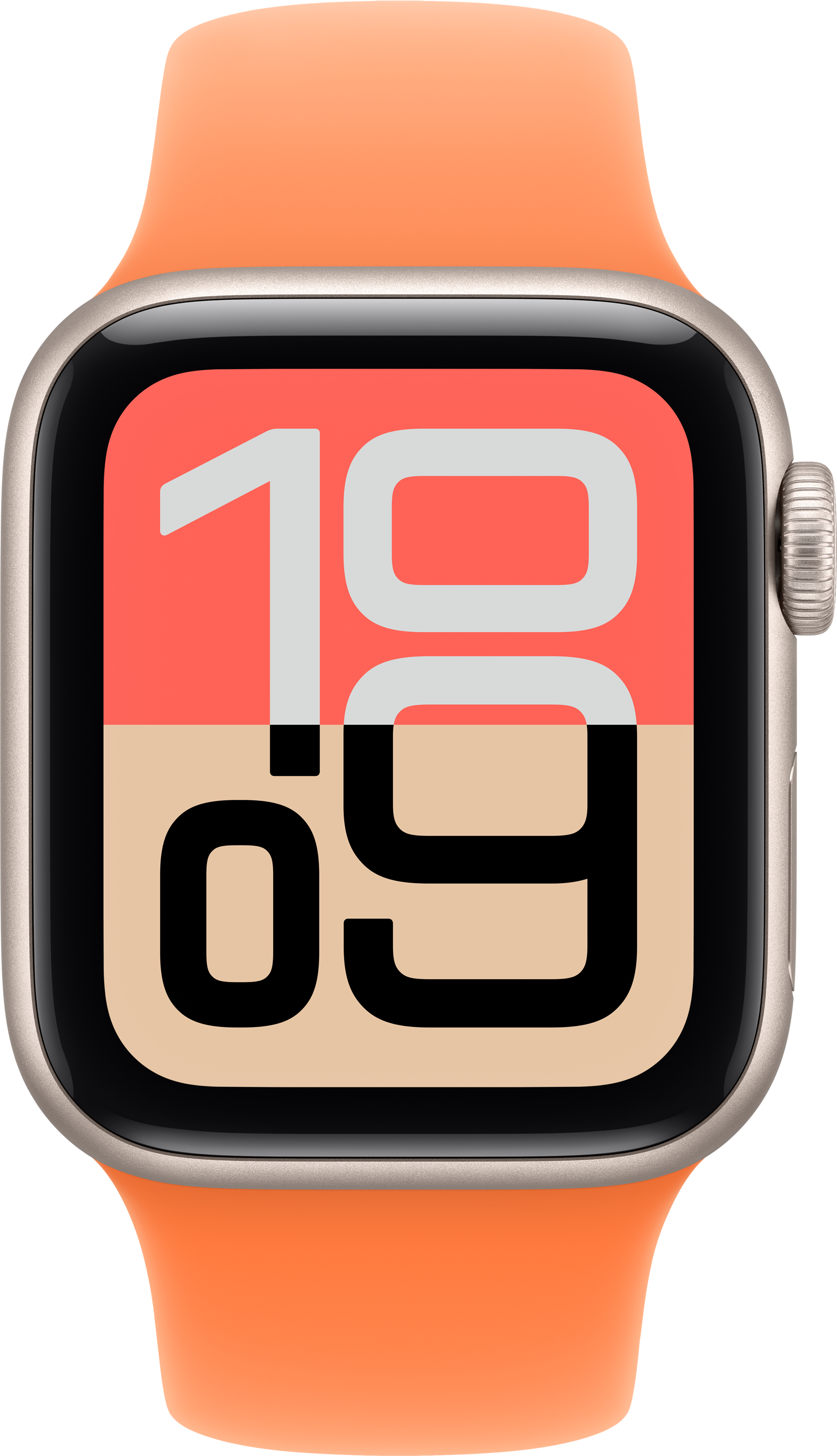 Eine orangefarbene Smartwatch mit einem Zifferblatt, das die Zahlen 10 und 09 anzeigt.
