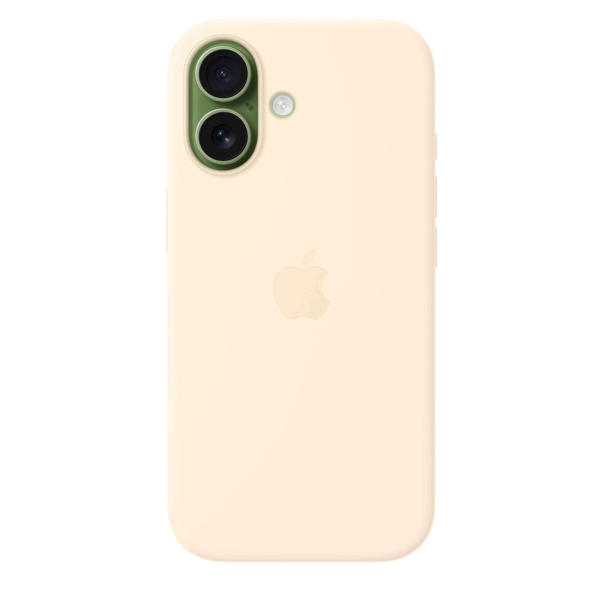 Apple logosu ve yeşil kamera modülü bulunan krem rengi telefon kılıfı.