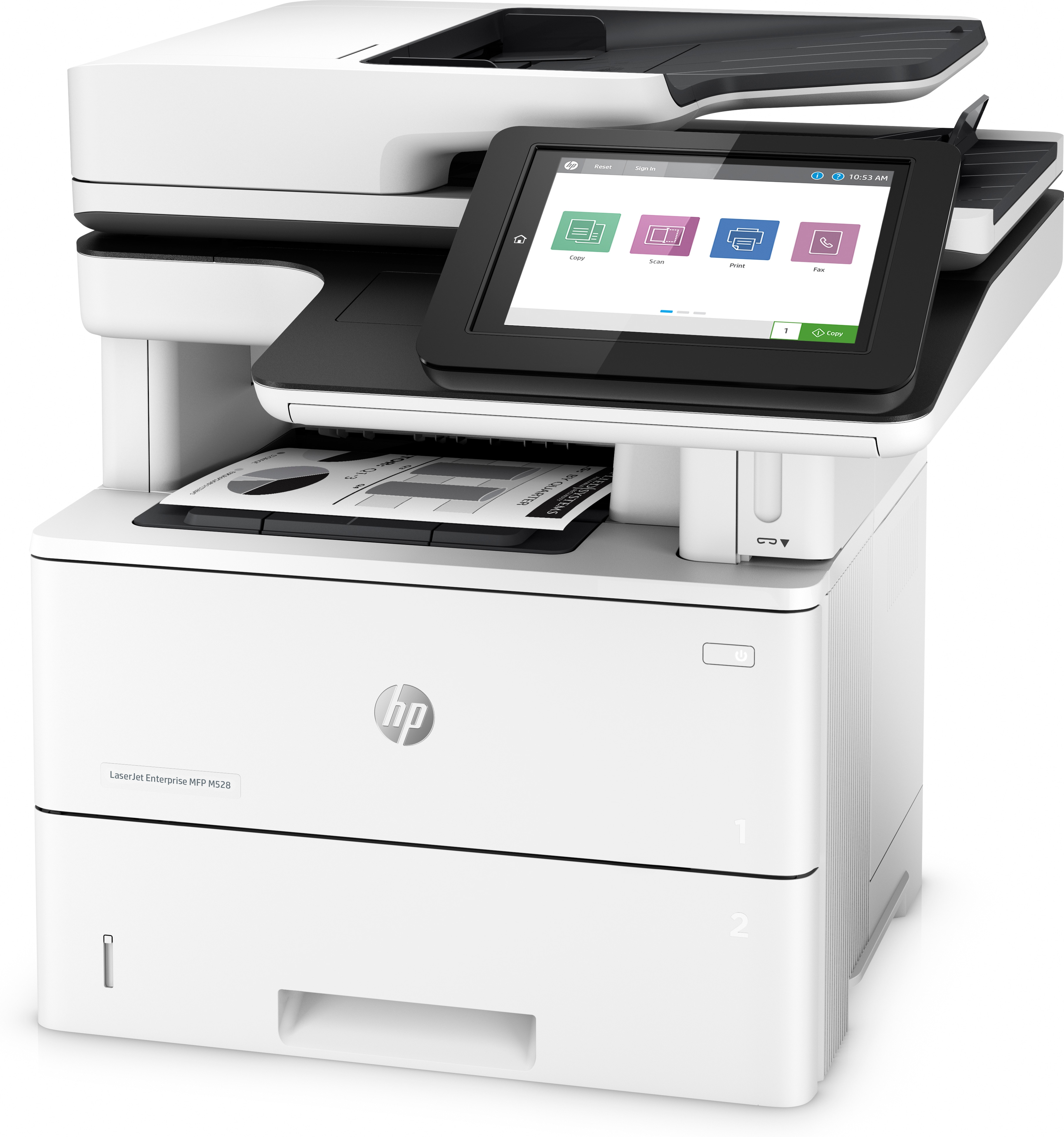 Ein weißer HP LaserJet Enterprise MFP M528 Drucker mit Touchscreen.