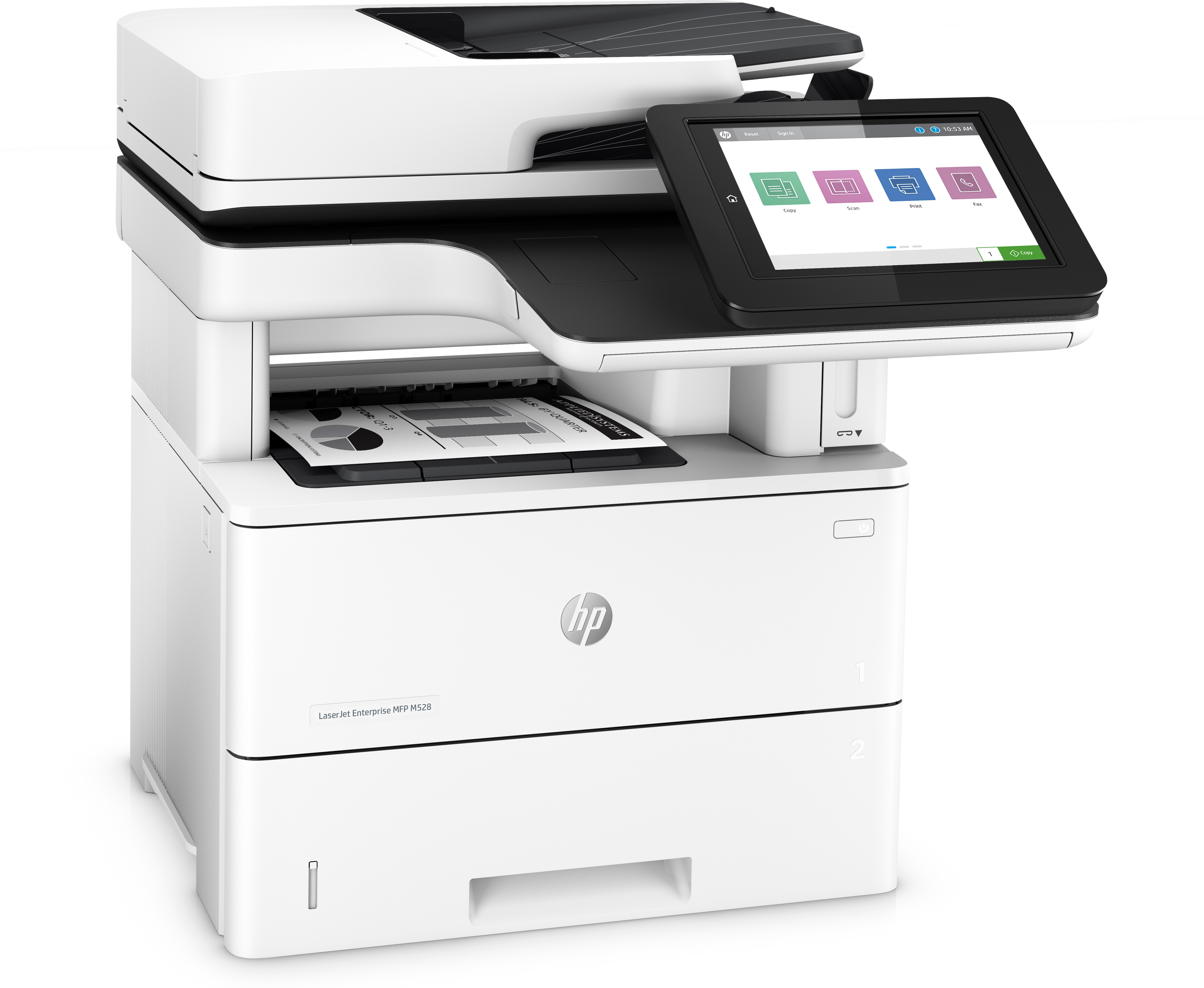 Ein weißer HP LaserJet Drucker mit Touchscreen-Display.