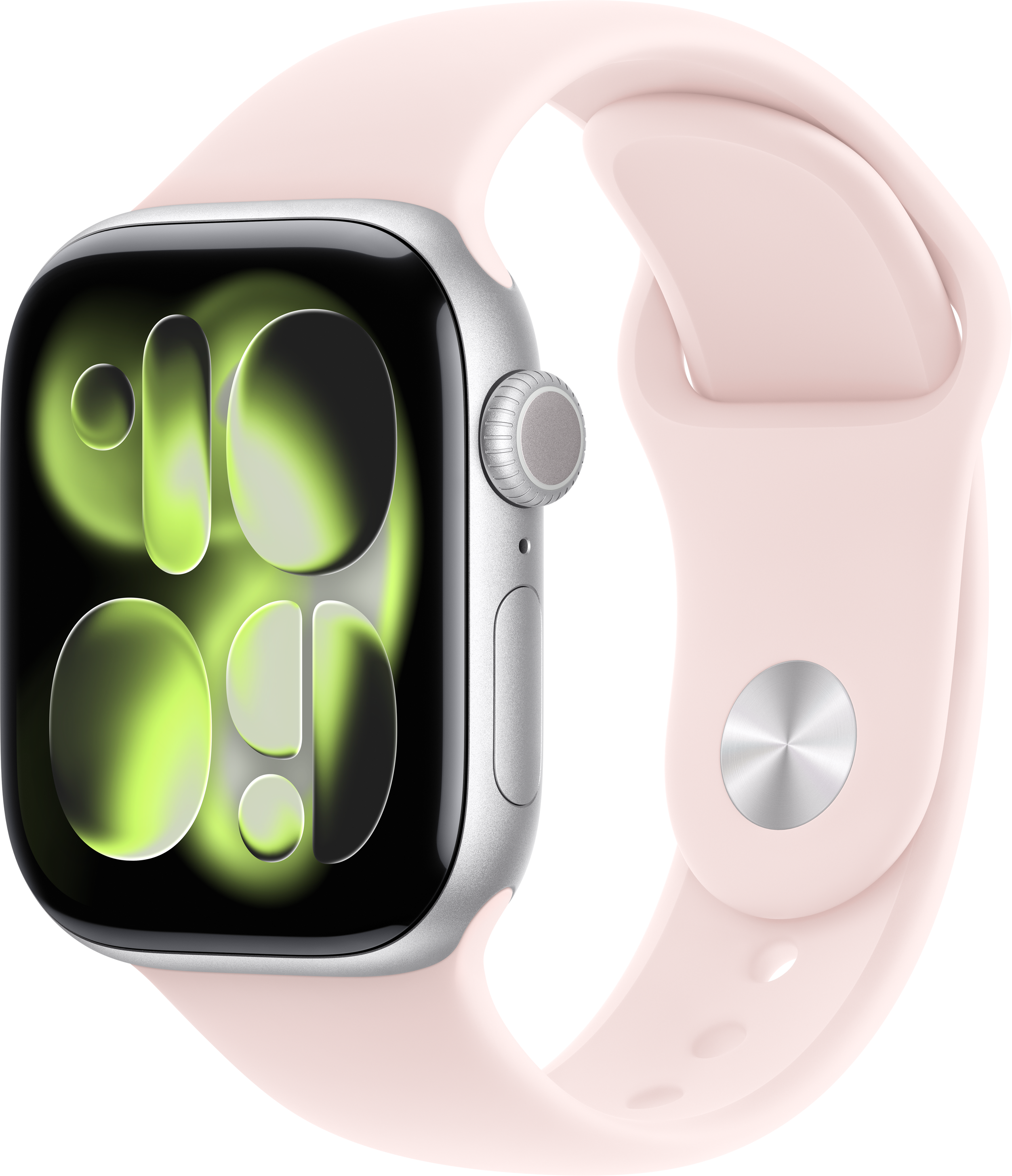 Eine rosafarbene Smartwatch mit silbernem Gehäuse und grünem Zifferblatt.