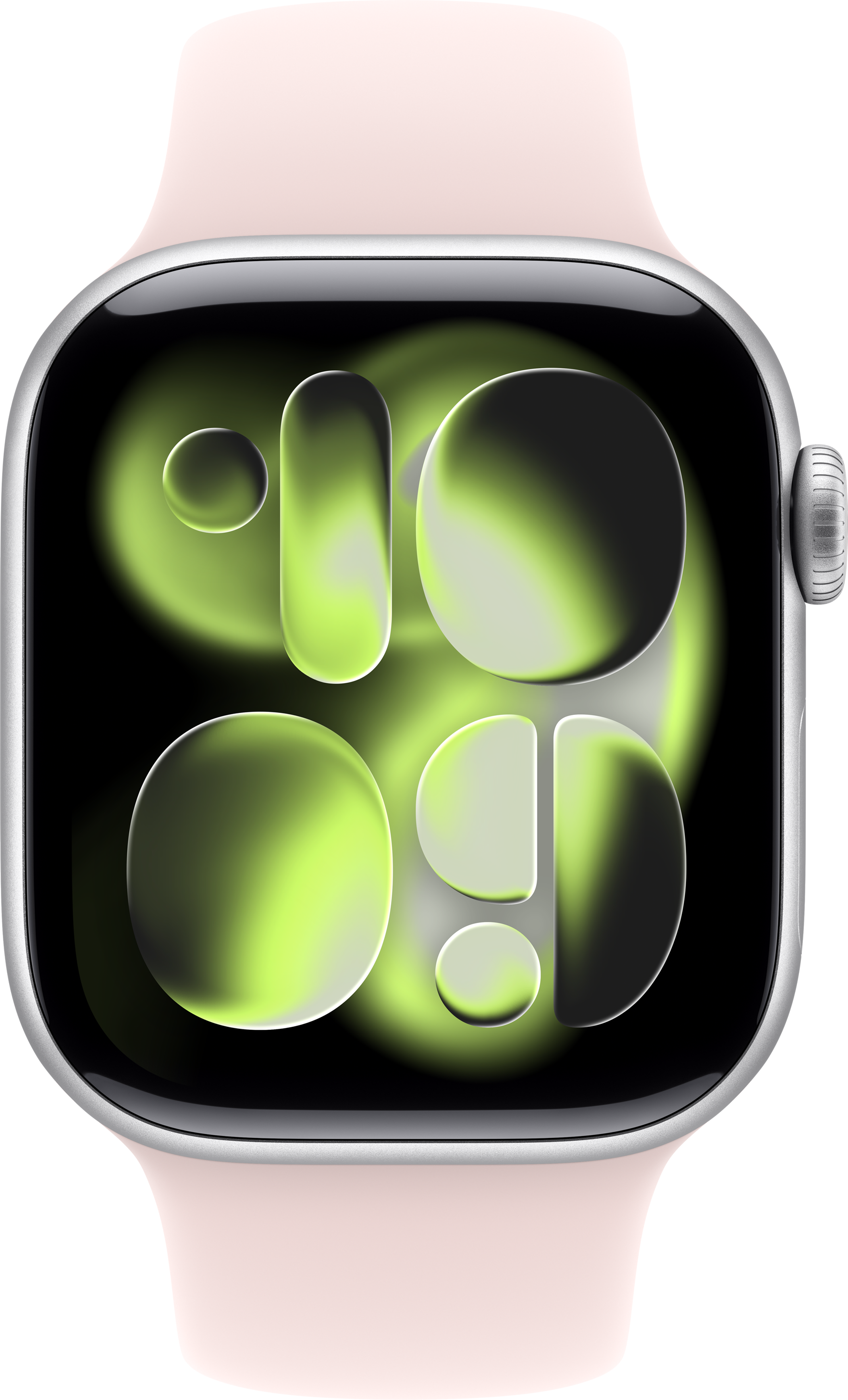 Eine pinke Smartwatch mit einem abstrakten, neongrünen Zifferblatt.
