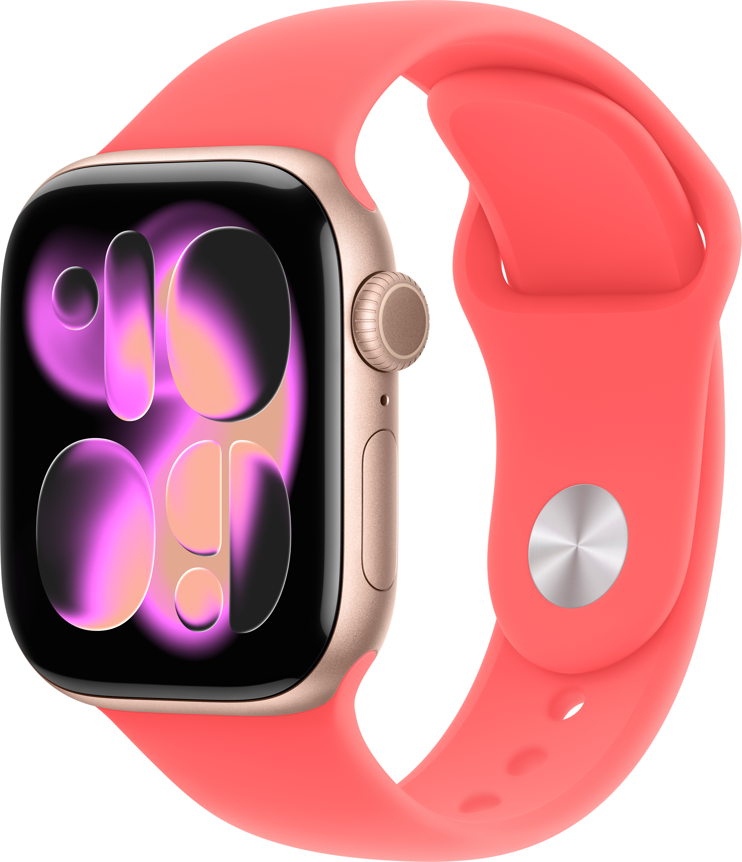 Eine goldene Smartwatch mit einem korallenfarbenen Armband auf schwarzem Hintergrund.