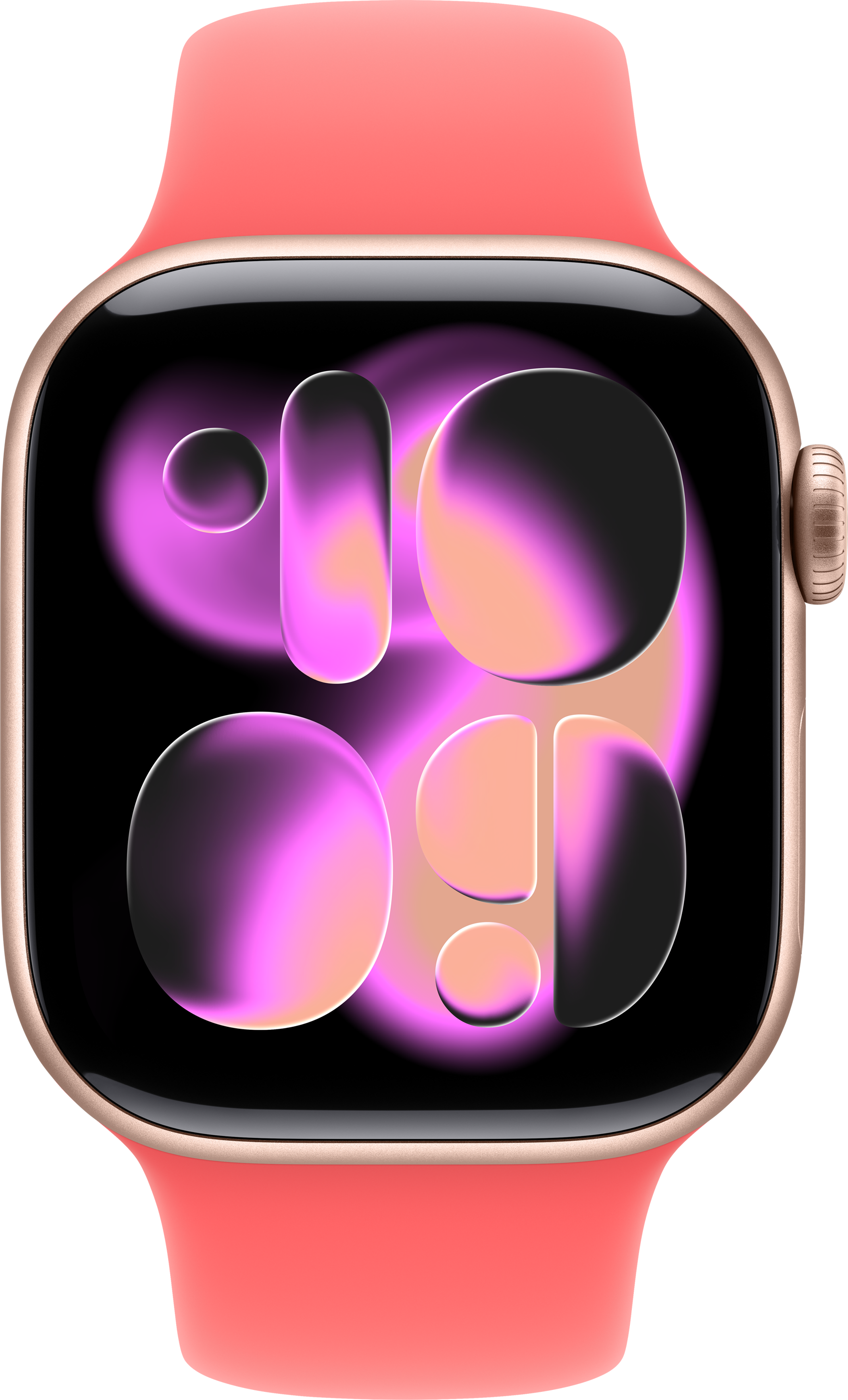 Eine goldene Smartwatch mit einem Korallenband und einem abstrakten lila Display.