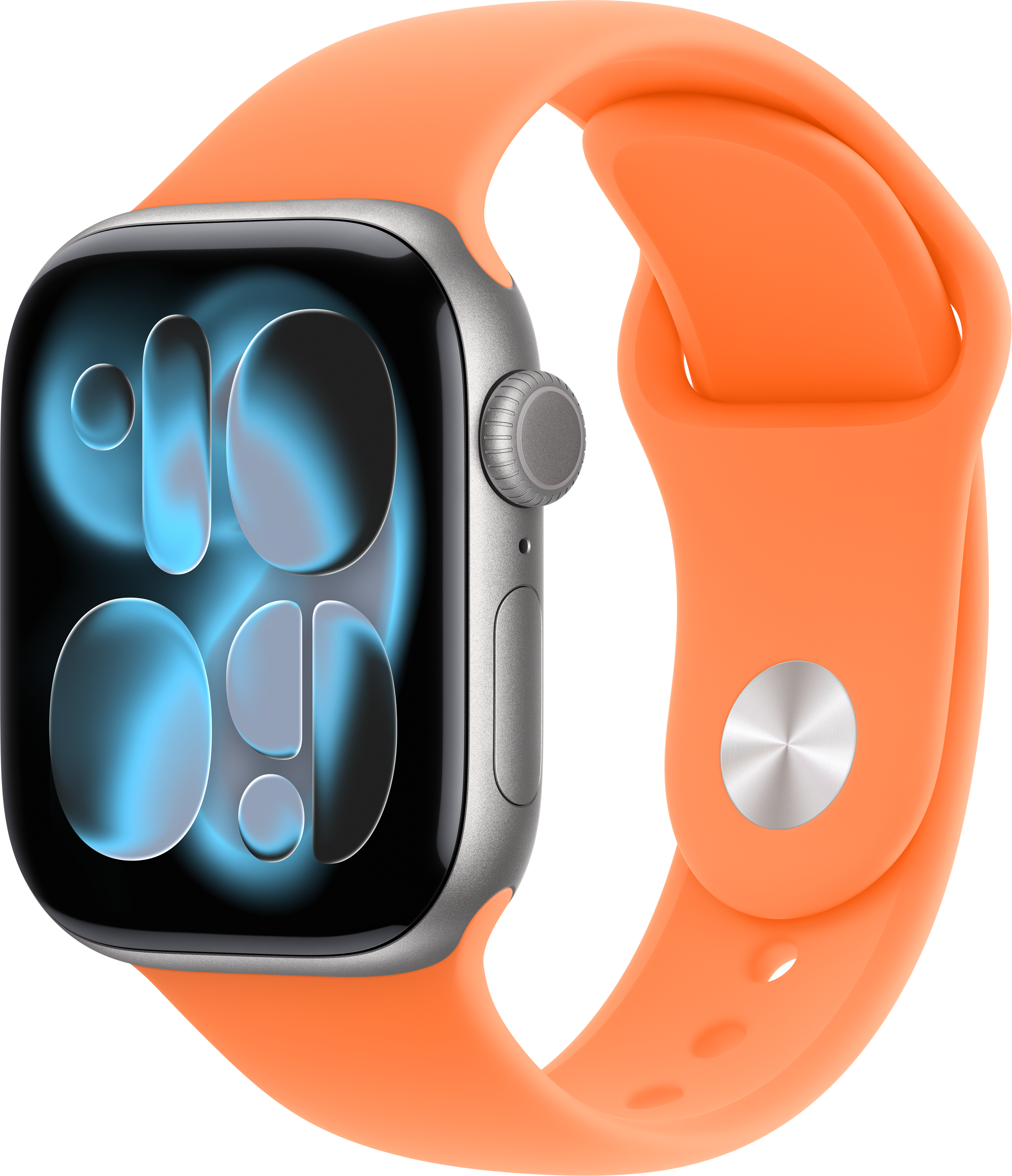 Eine orangefarbene Smartwatch mit silbernem Gehäuse und blauem Zifferblatt.