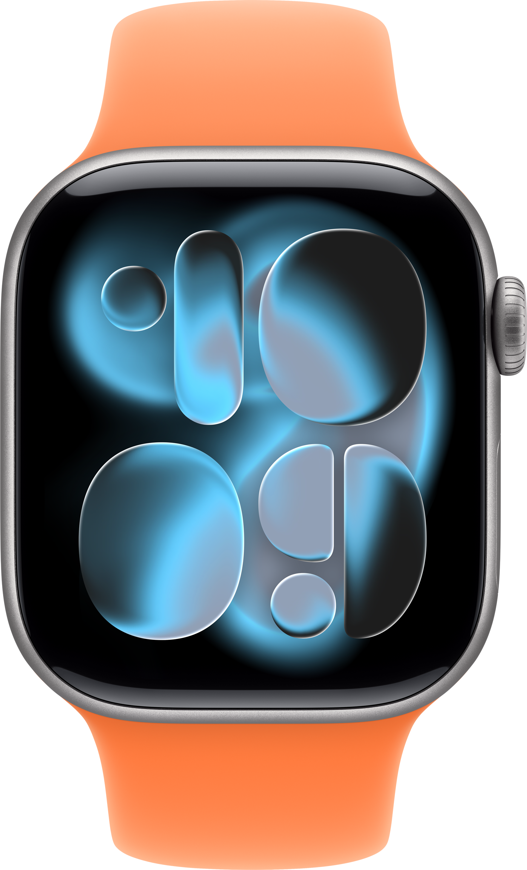 Eine orangefarbene Smartwatch mit einem digitalen Zifferblatt und blauen Elementen.