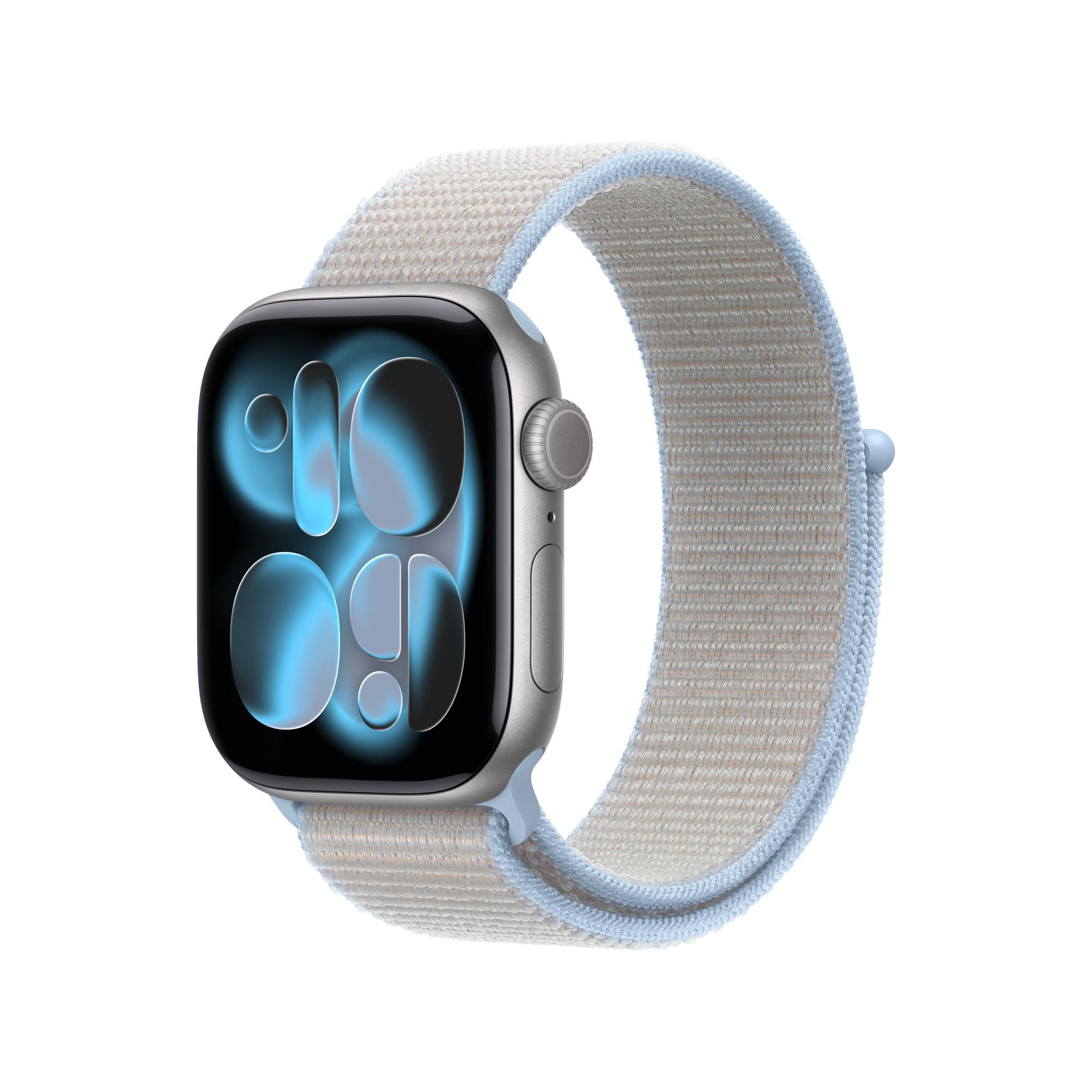Graue Smartwatch mit hellem Stoffarmband und blauem Rand.