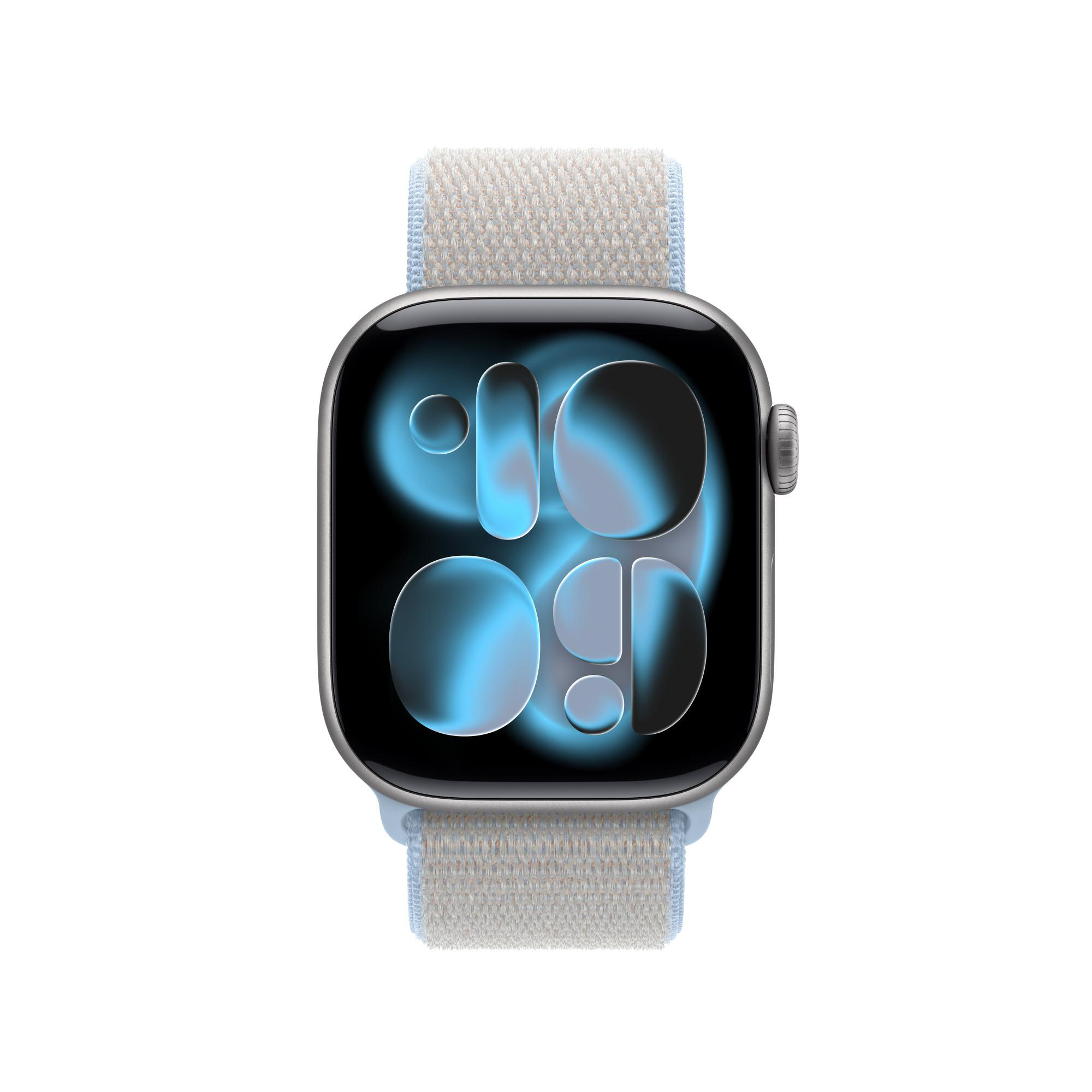 Eine graue Smartwatch mit blauem Zifferblatt und hellem Band.