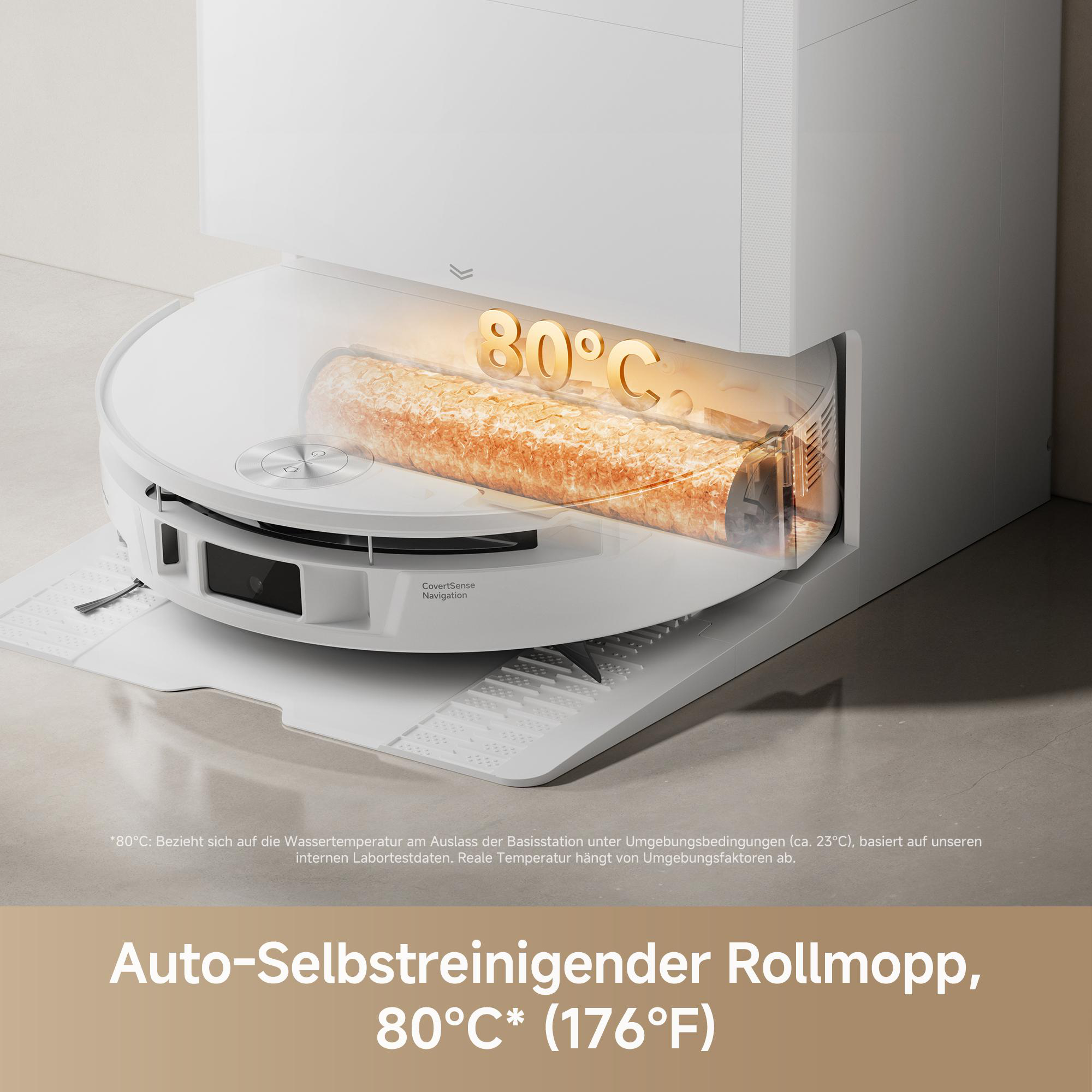 Weißer Saugroboter mit heißem 80°C-Rollmopp zur Selbstreinigung.