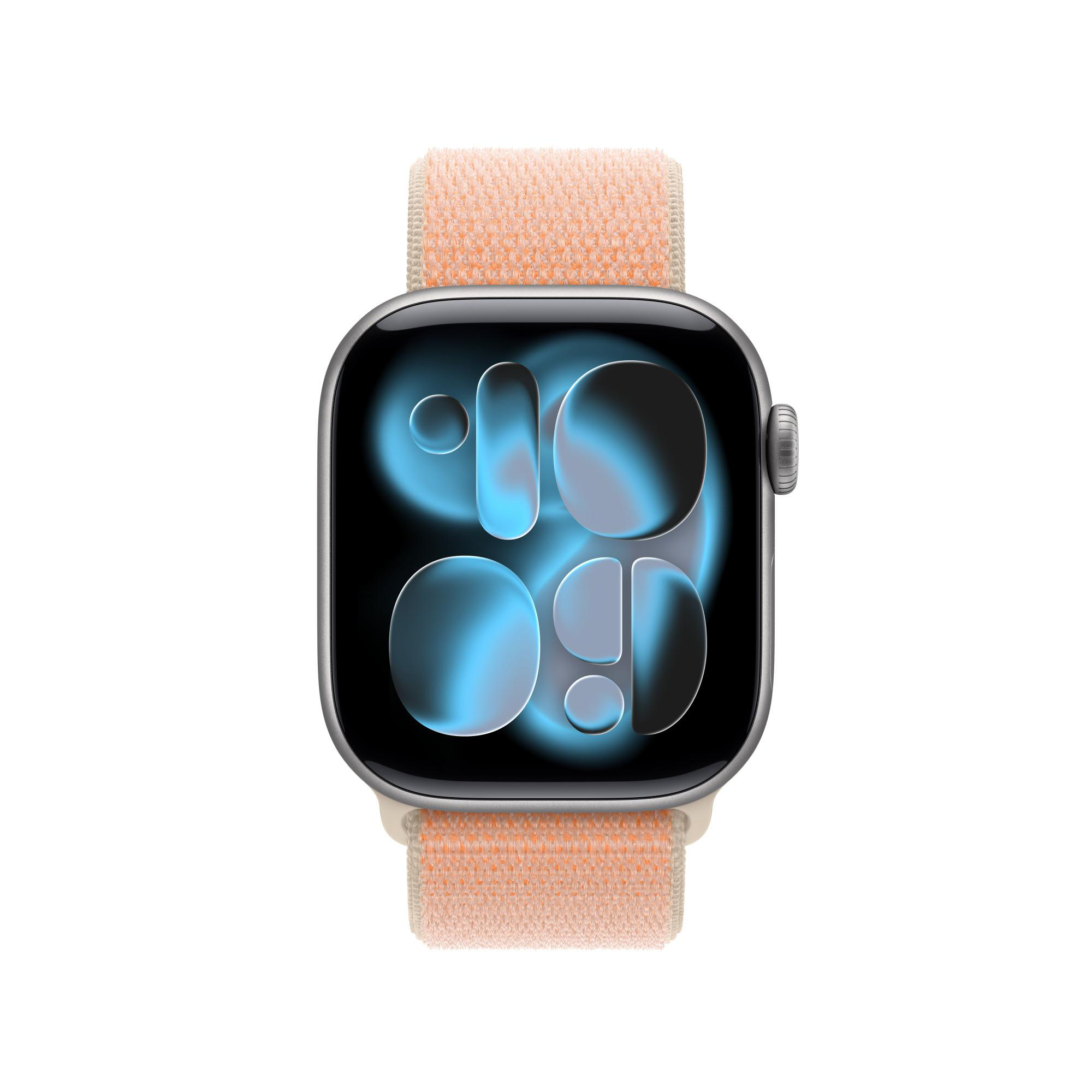 Eine Smartwatch mit einem hellrosa Armband und einem dunklen Zifferblatt mit blauen Kreisen.