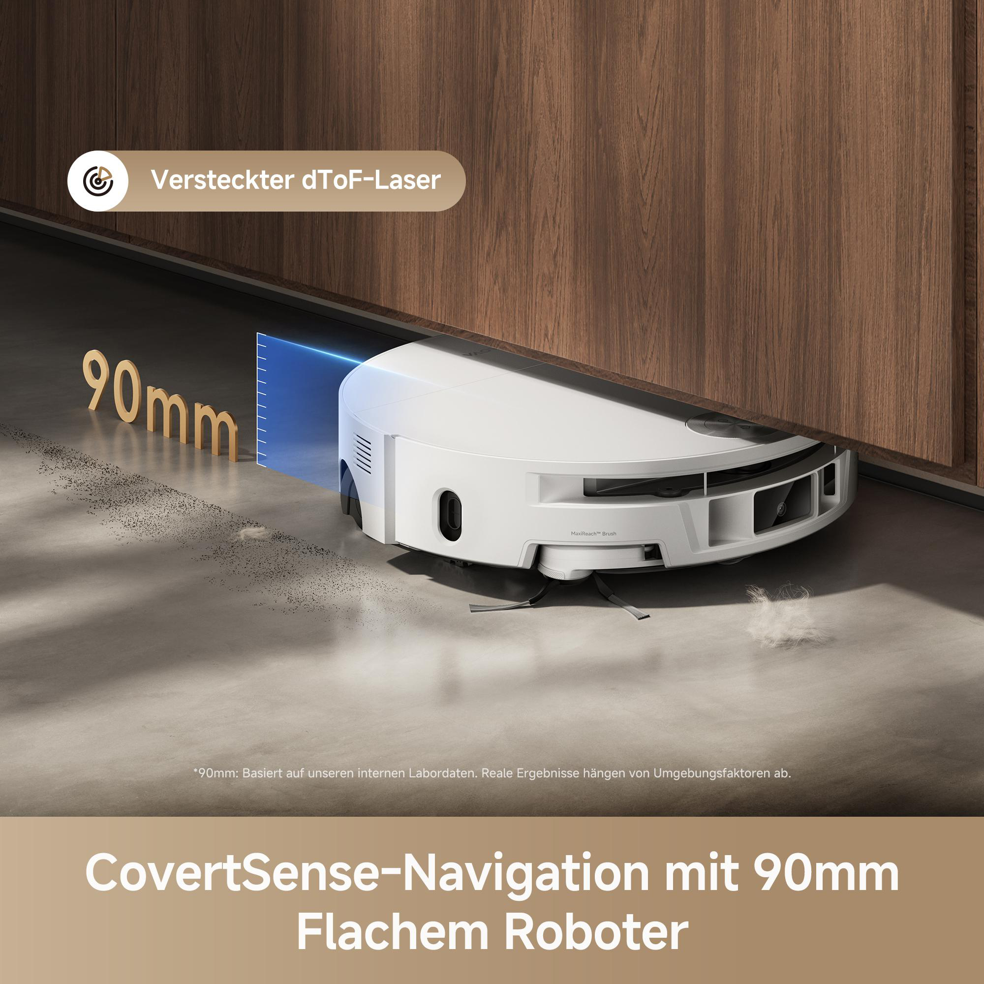 Ein weißer Saugroboter reinigt den Boden, 90mm Höhe, mit Lasernavigation.