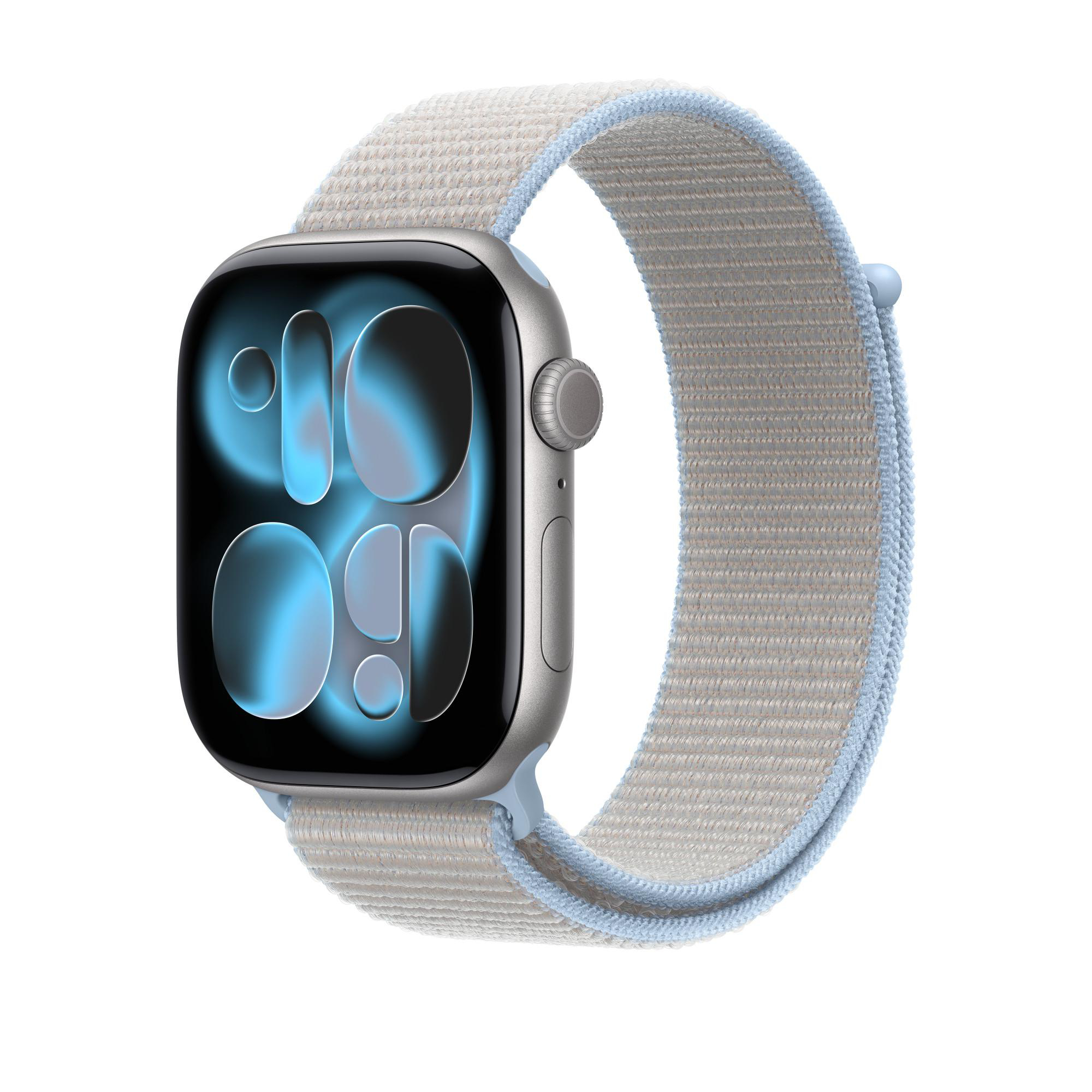 Eine graue Smartwatch mit einem hellgrauen und hellblauen Armband.