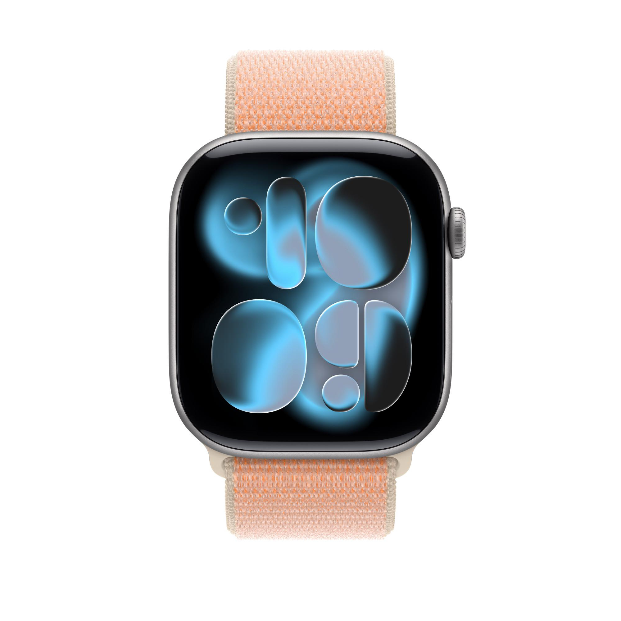 Graue Smartwatch mit orangefarbenem Gewebeband und blauem Zifferblatt.