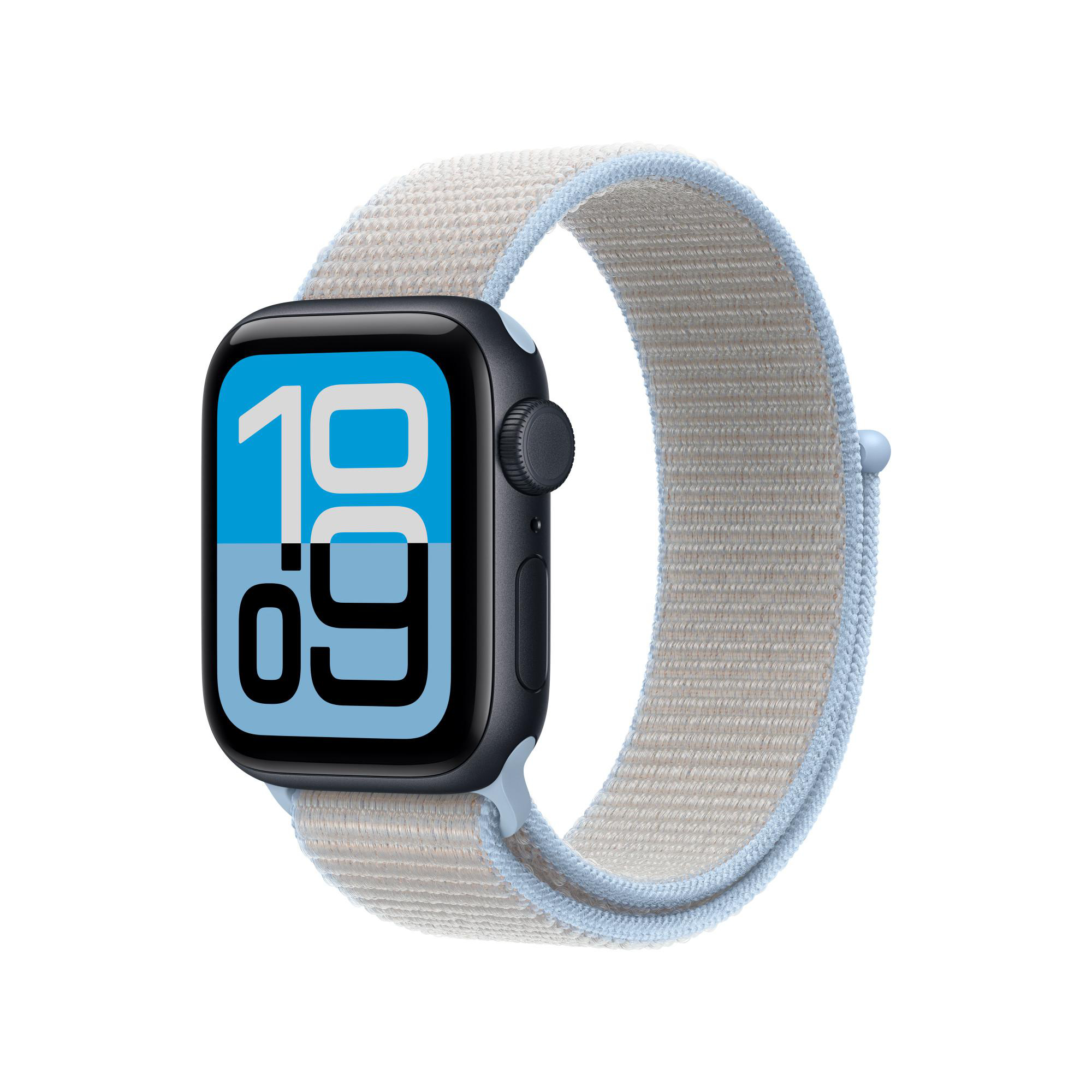 Eine schwarze Smartwatch mit einem hellbeigen Stoffarmband und blauem Rand.