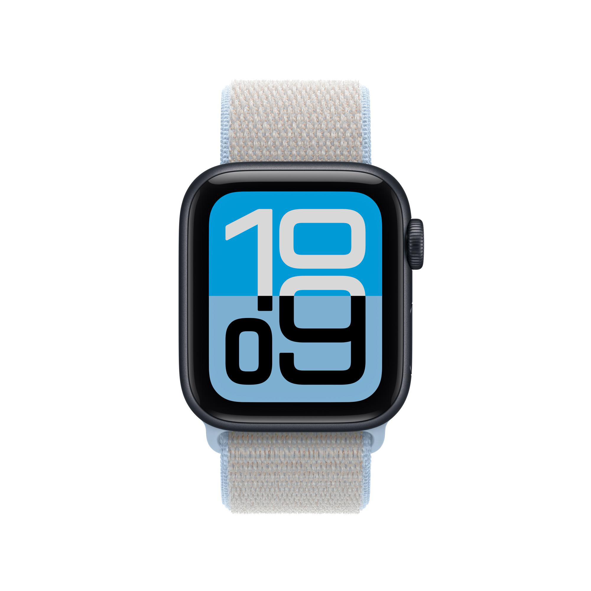 Eine schwarze Smartwatch mit blauem Zifferblatt, das 10:09 anzeigt.