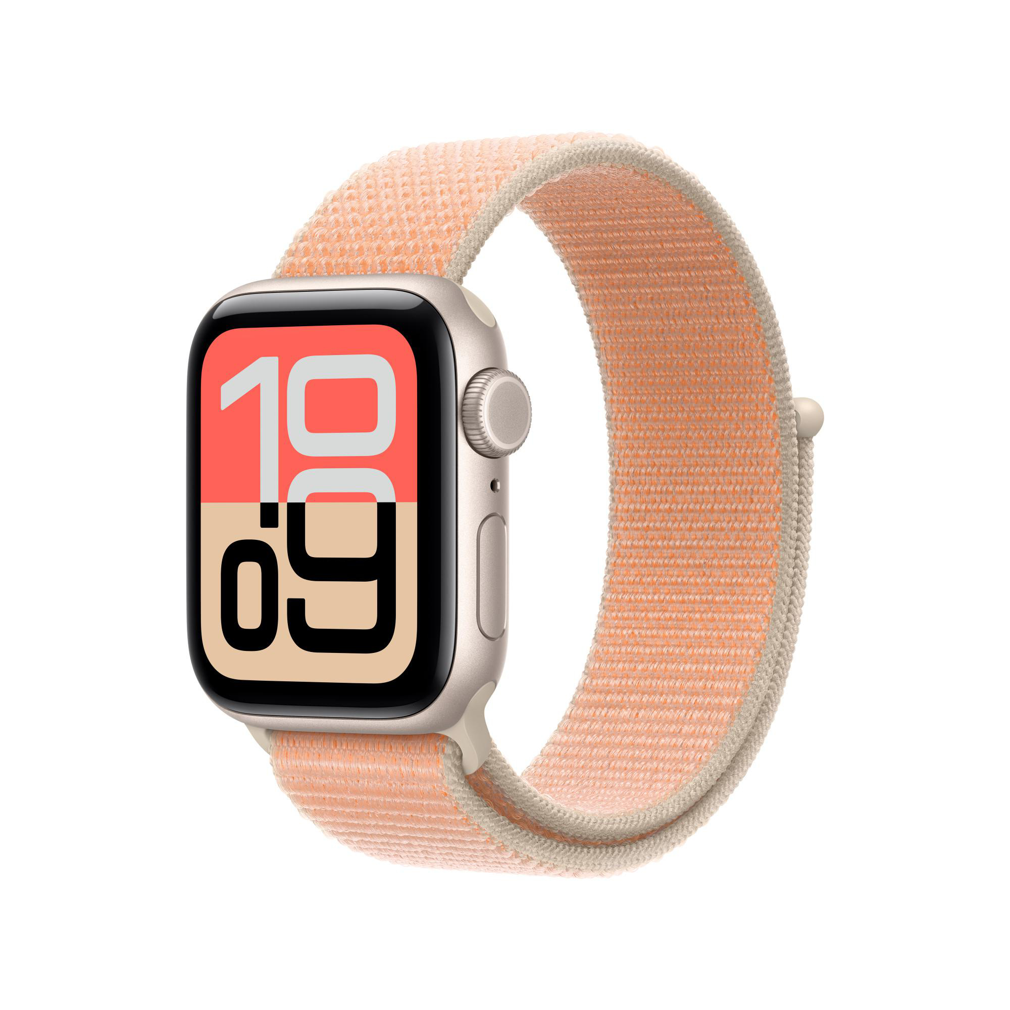 Eine goldene Smartwatch mit einem hellorangen Armband, die Zeit 10:09 anzeigt.
