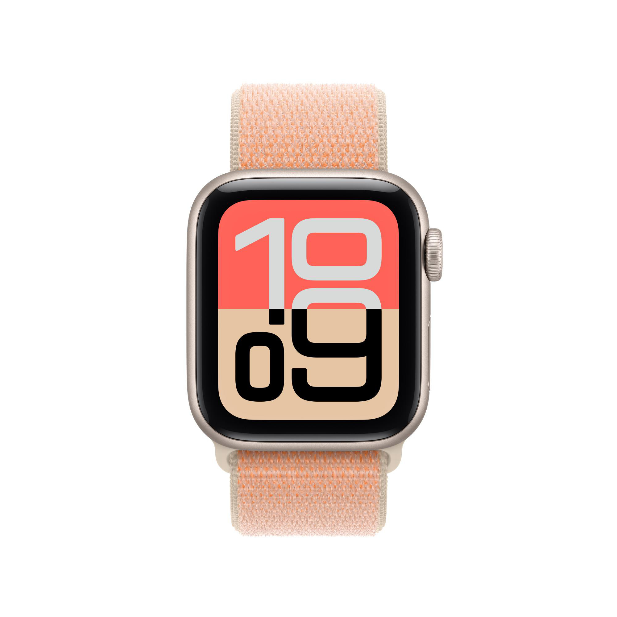 Eine silberne Smartwatch mit einem hellorangen Stoffarmband und digitaler Anzeige.
