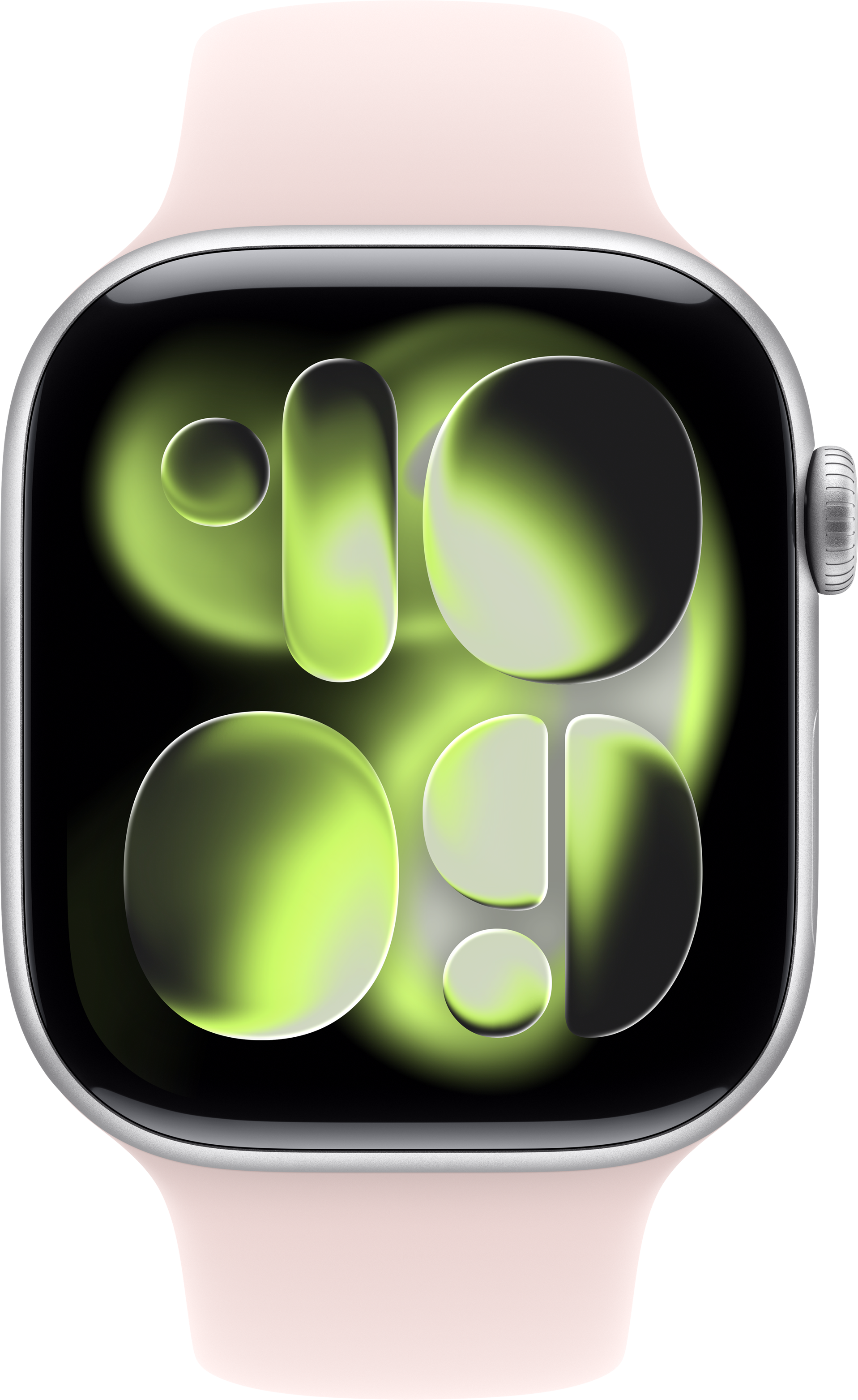Ein rosafarbenes Apple Watch Armband mit einem schwarzen Display, das grüne abstrakte Formen zeigt.