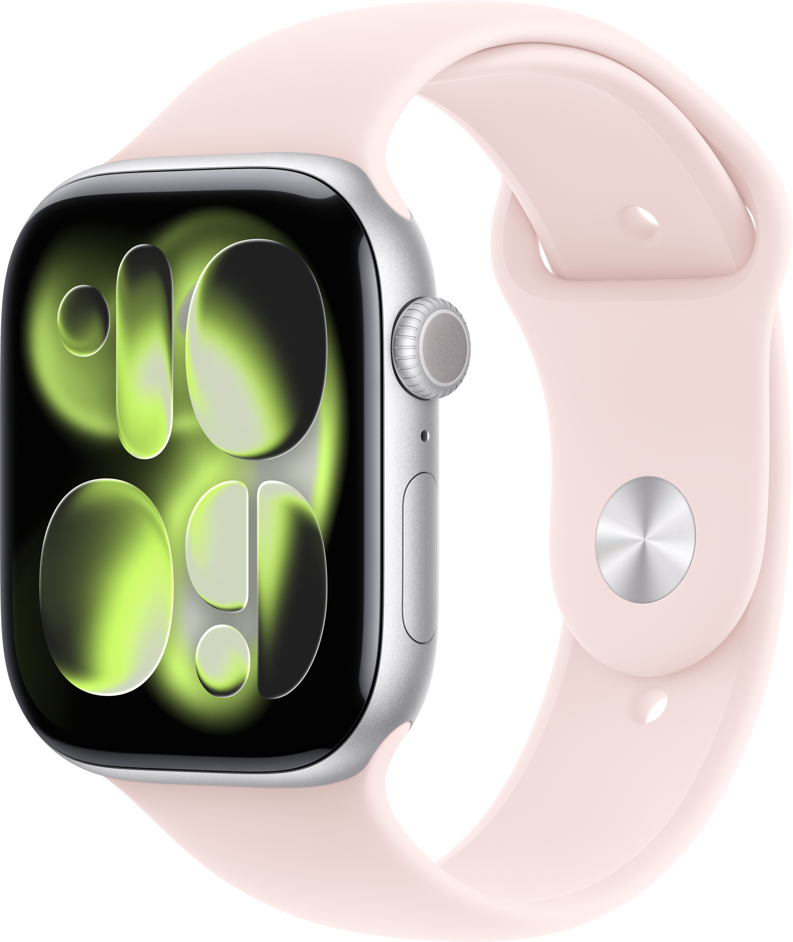 Silberne Smartwatch mit rosafarbenem Armband und grünem Display-Zifferblatt.