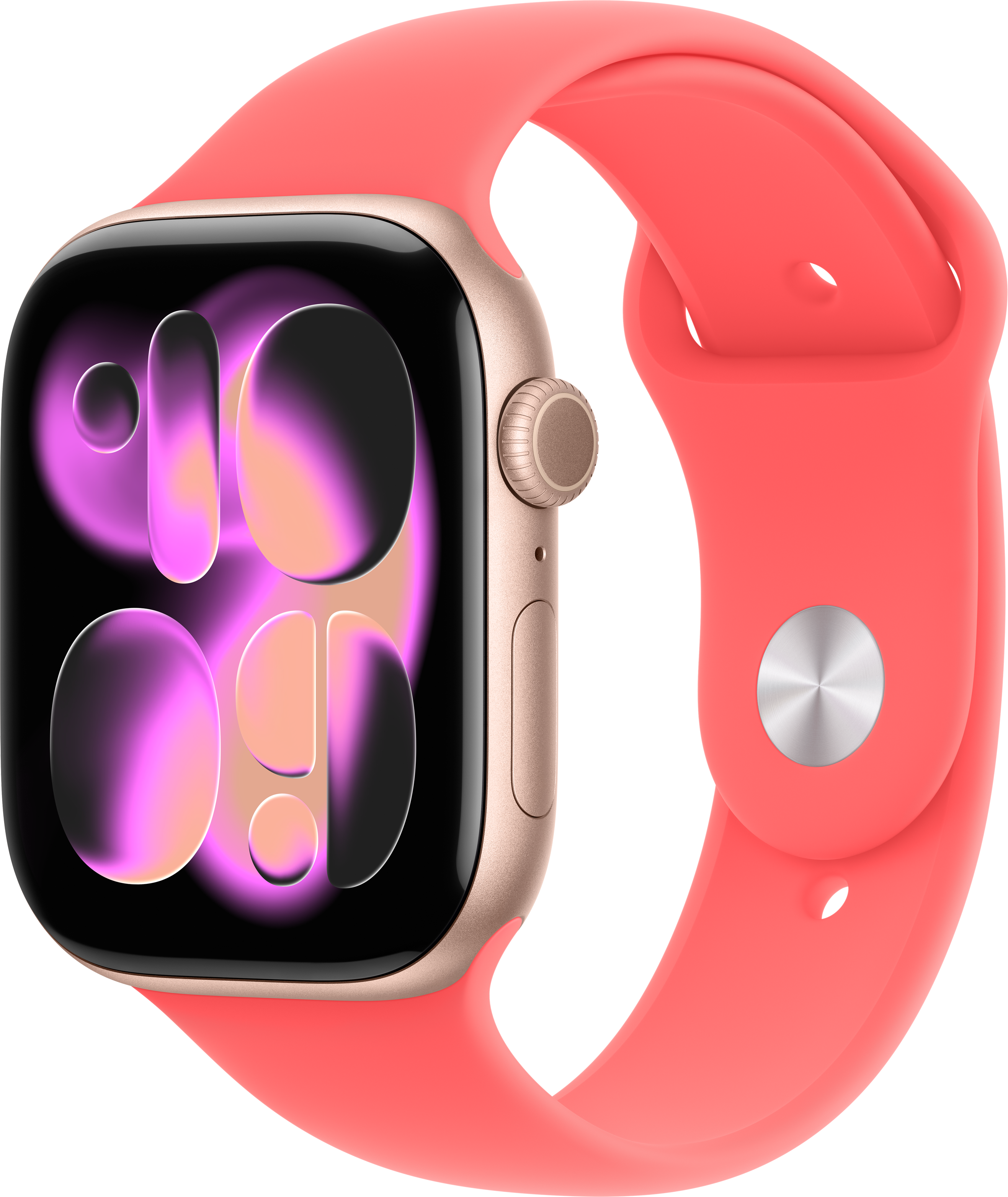 Eine goldene Smartwatch mit einem korallenfarbenen Armband und einem dunklen Zifferblatt.