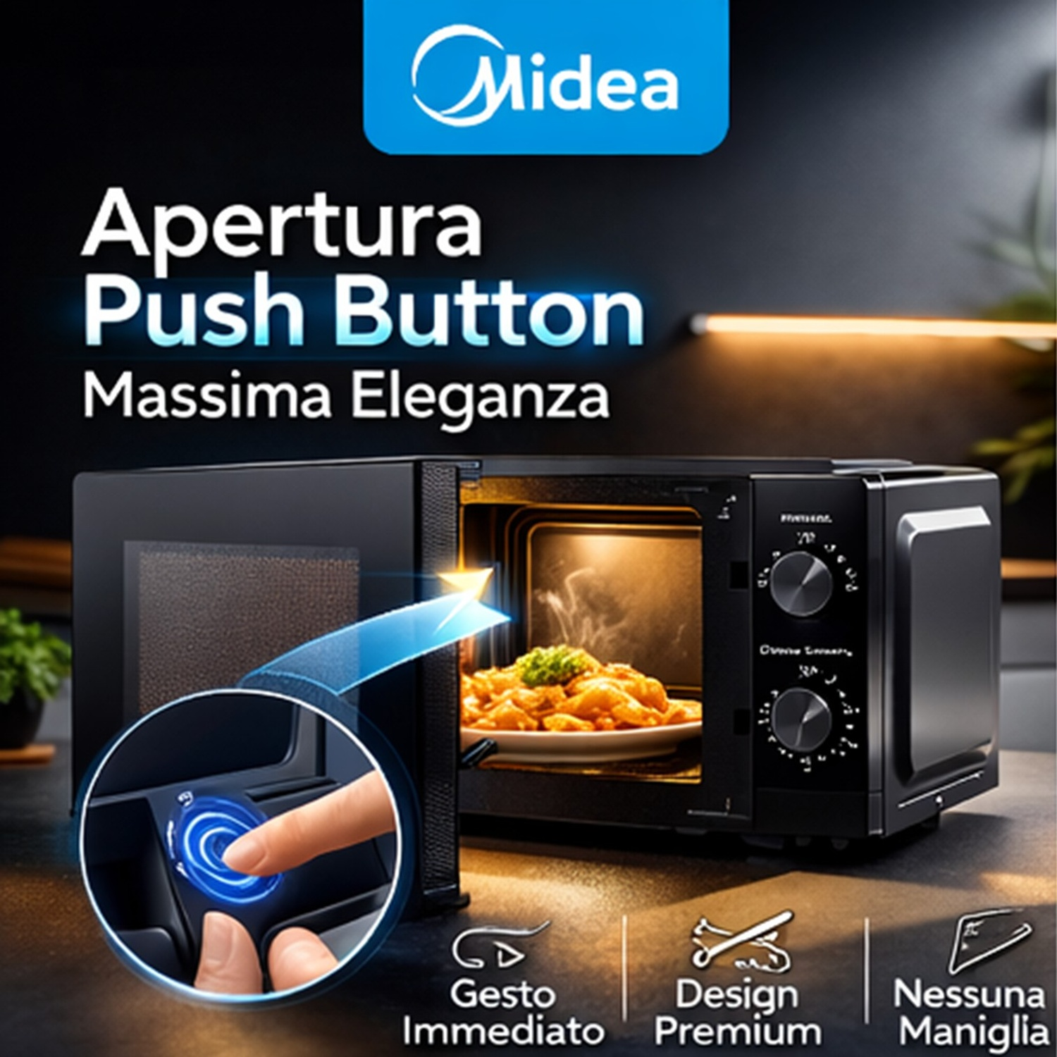 Microonde Midea nero con porta aperta, cibo dentro. Dito preme pannello touch.