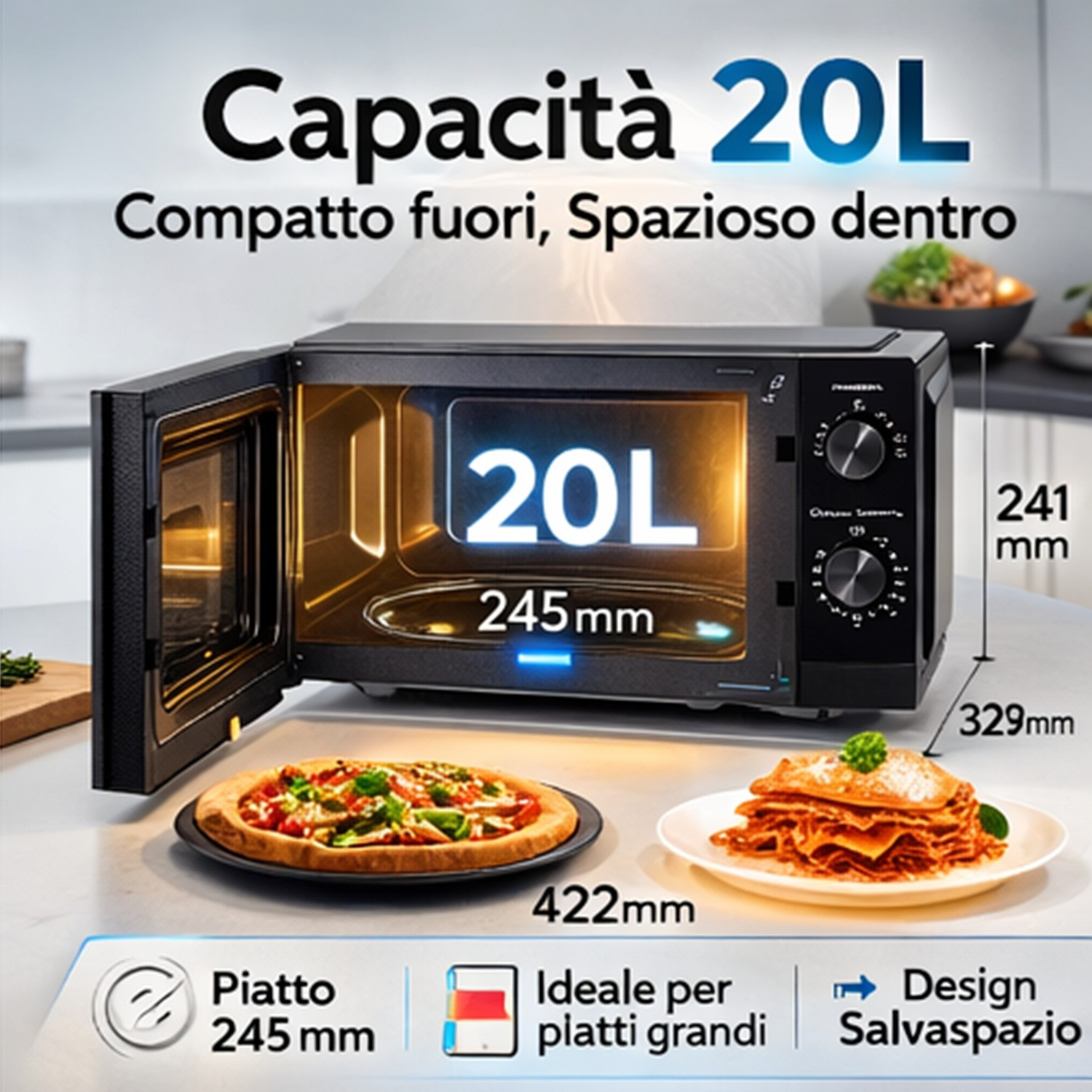 Microonde nero con porta aperta, pizza e lasagne accanto.
