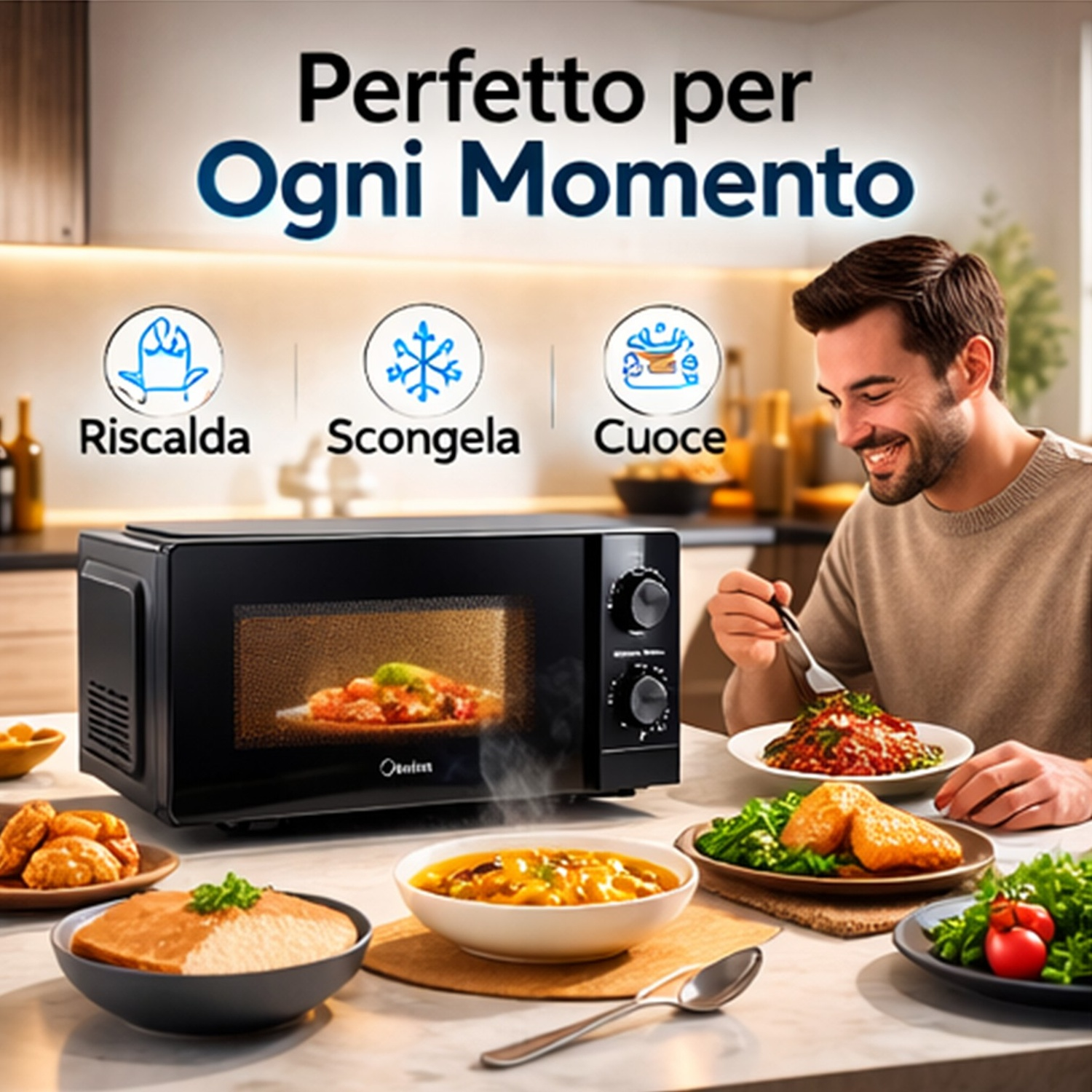 Un uomo mangia la pasta, accanto un microonde con cibo e ciotole.