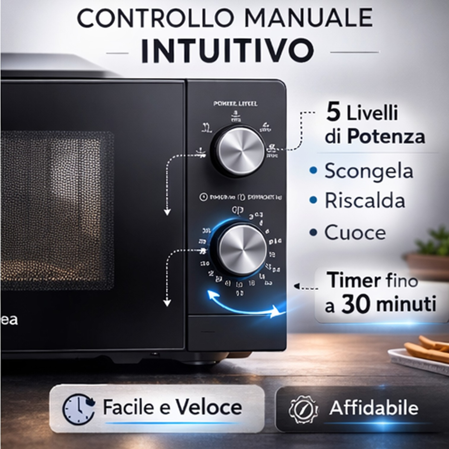 Microonde nero con controllo manuale intuitivo, 5 livelli di potenza e timer.