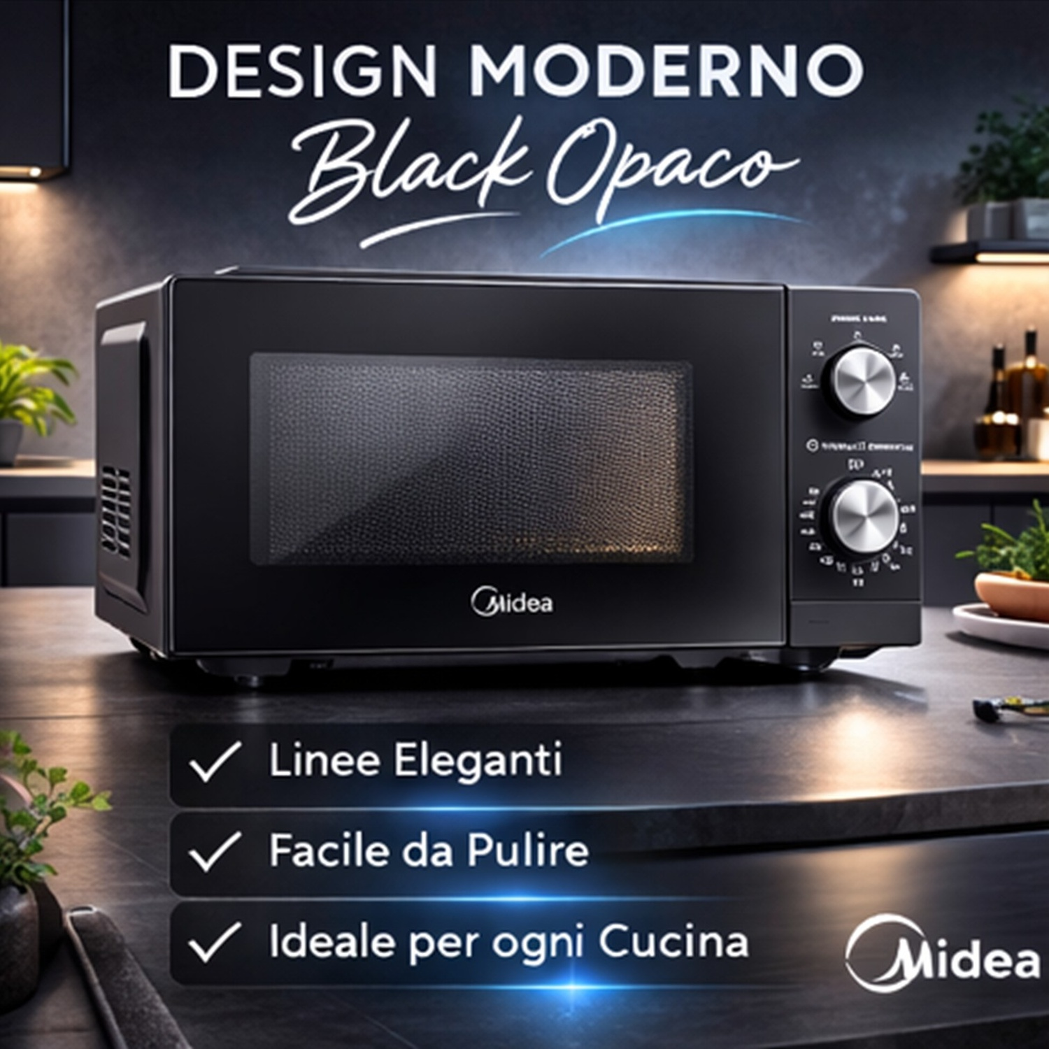 Forno a microonde Midea nero dal design moderno su un piano di lavoro.