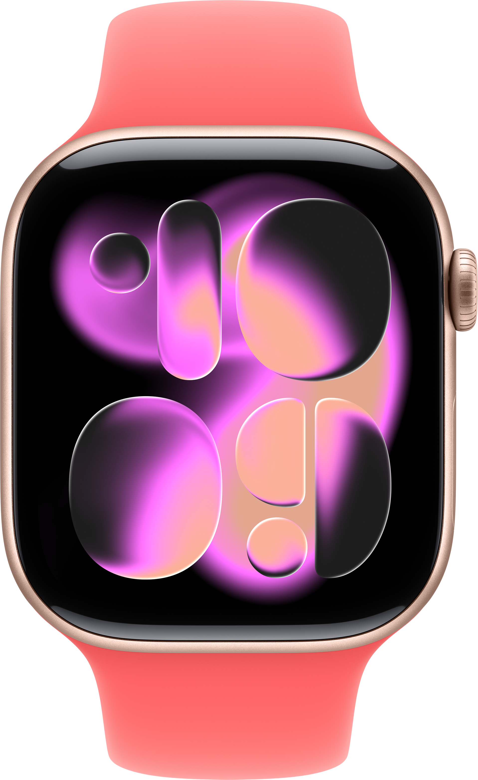 Eine Apple Watch mit einem rosa Band und einem abstrakten Zifferblatt.