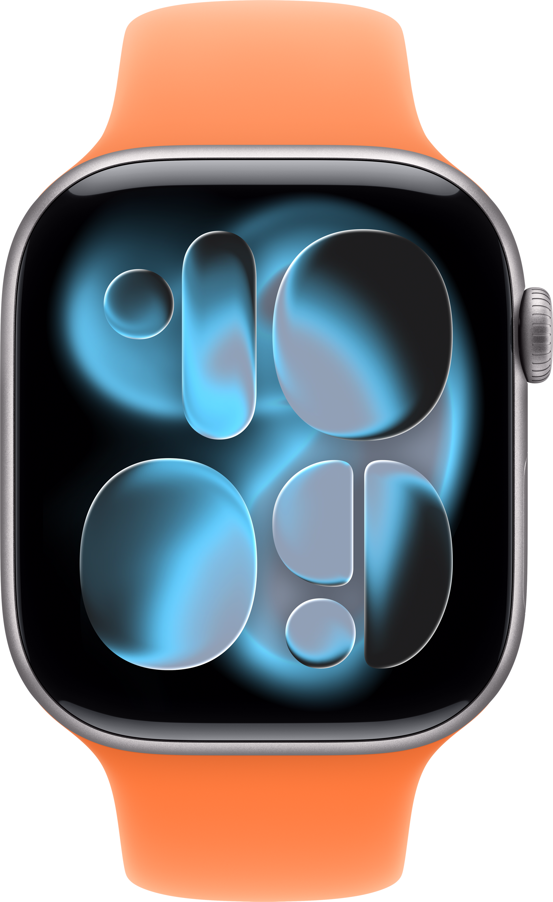 Un Apple Watch arancione con un quadrante blu astratto.