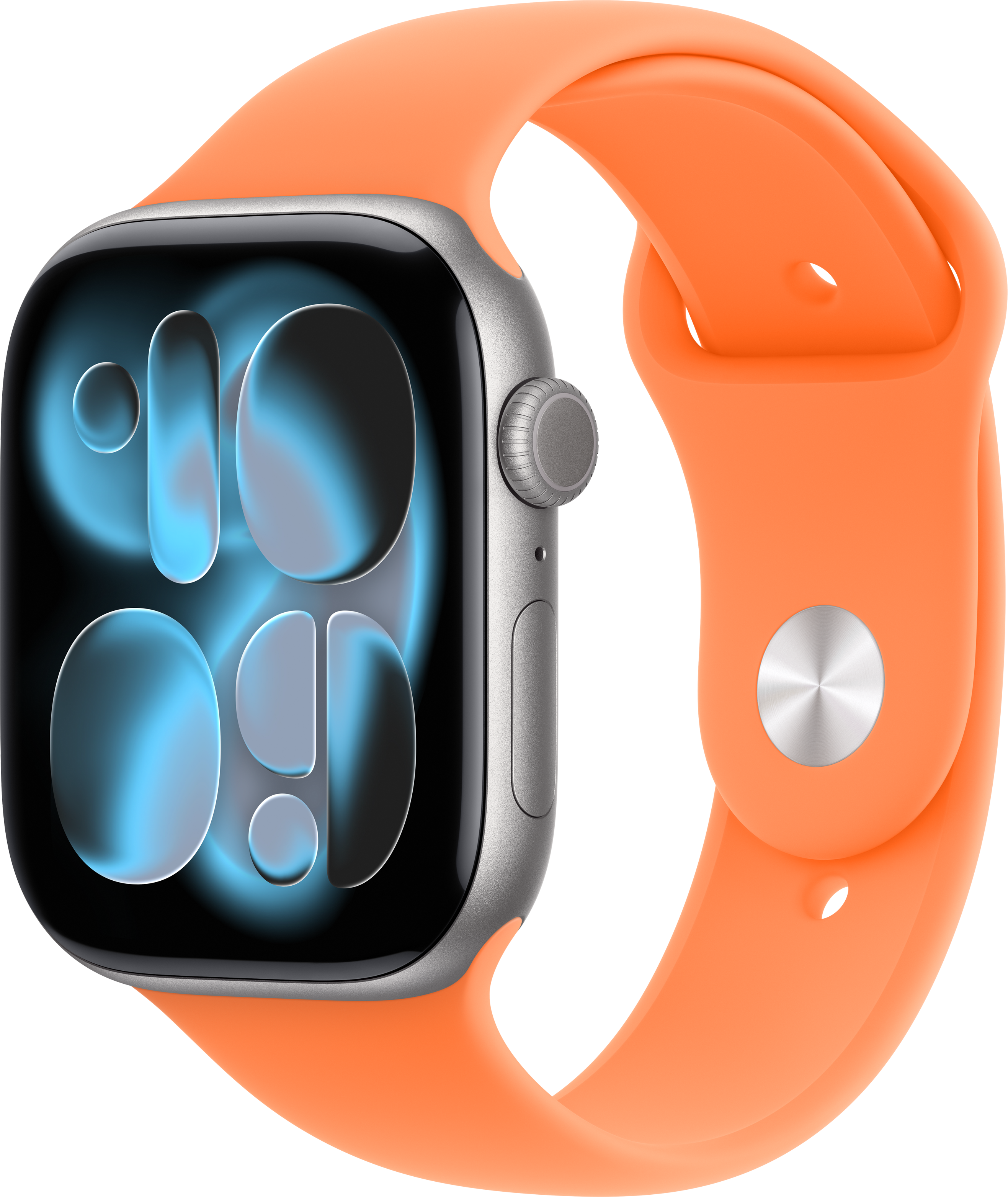 Eine silberne Smartwatch mit einem orangefarbenen Armband und einem blauen Zifferblatt.