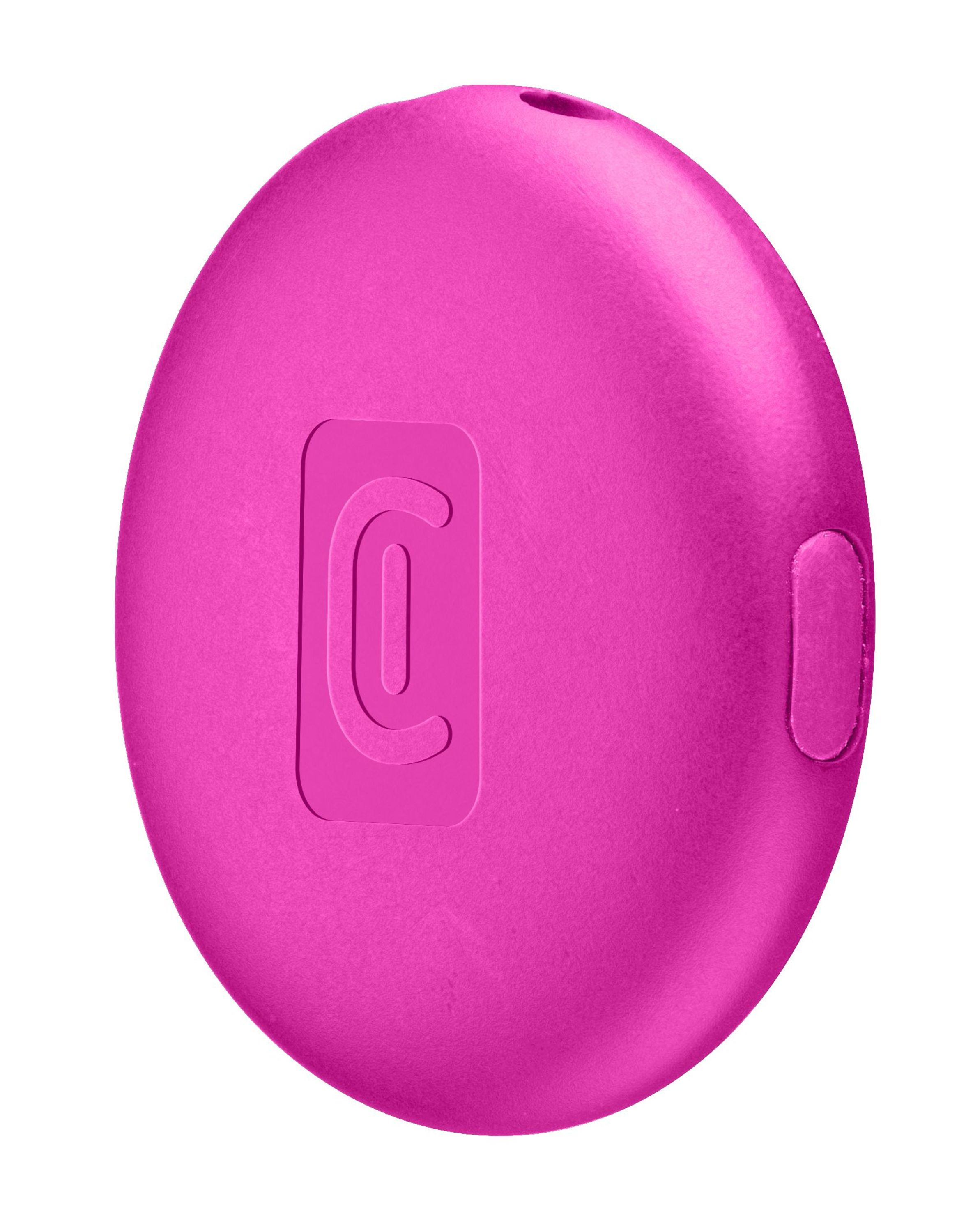 Un objeto brillante de color fucsia con un símbolo C.