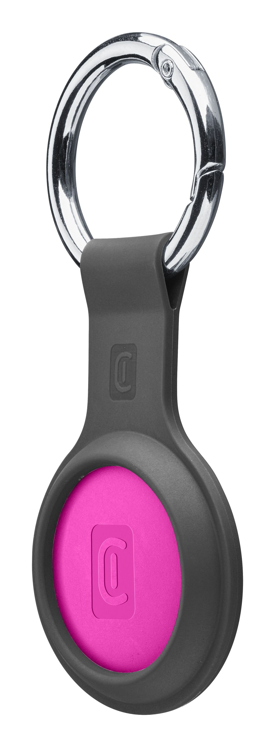 Funda gris oscuro con clip de mosquetón plateado y centro rosa con logo.