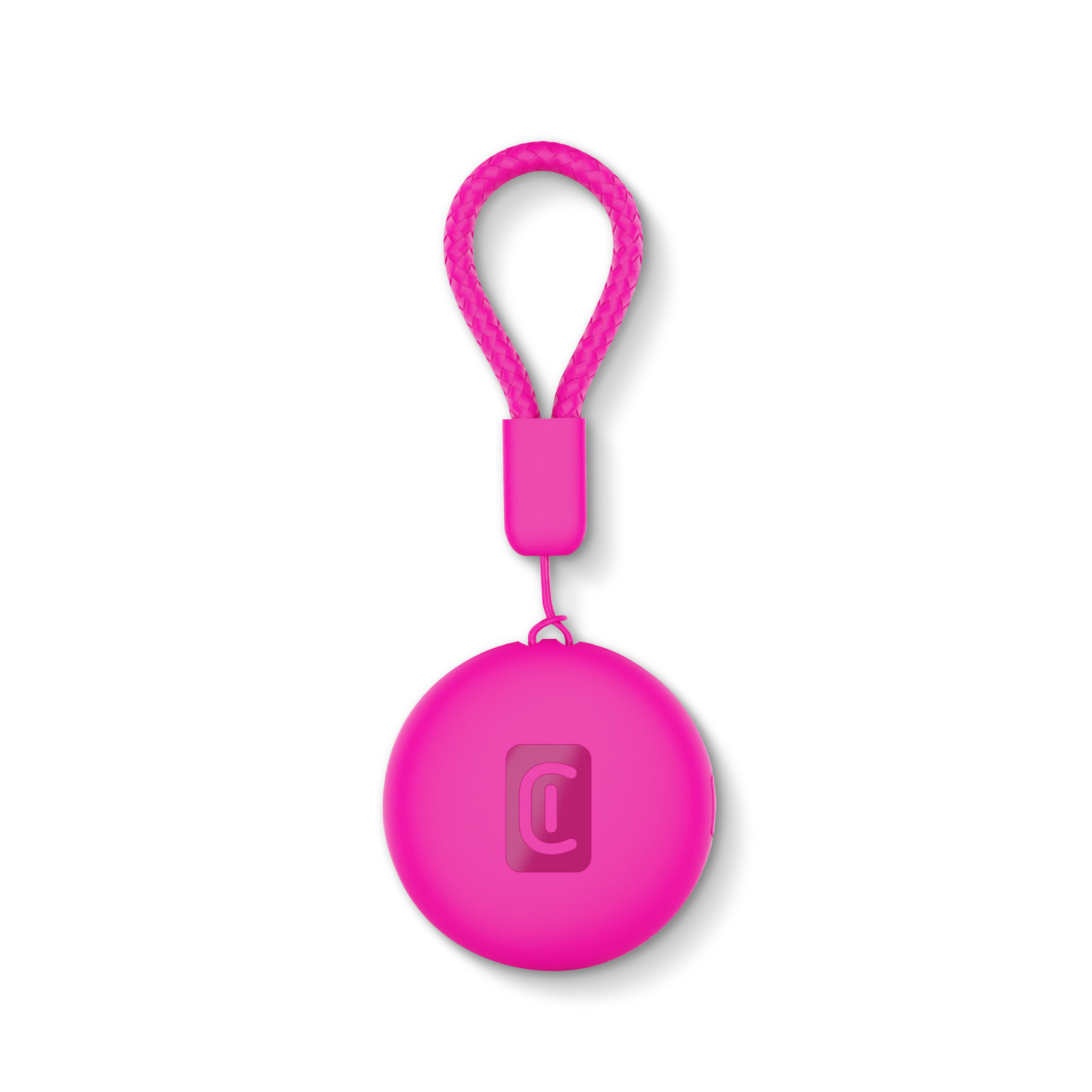 Un colgante redondo rosa brillante con un lazo trenzado y un logo C en relieve.