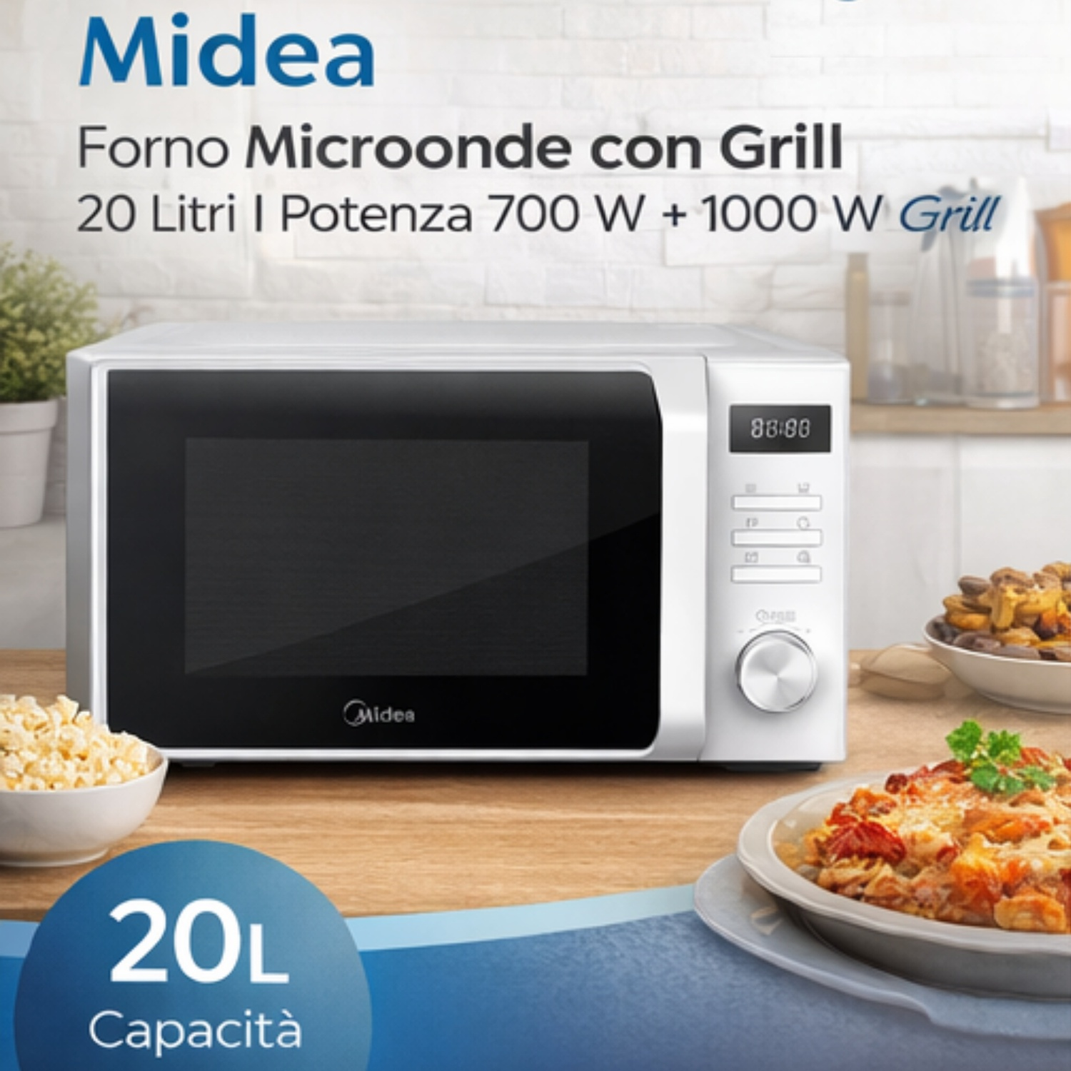 Un microonde grill Midea bianco da 20L con cibo.