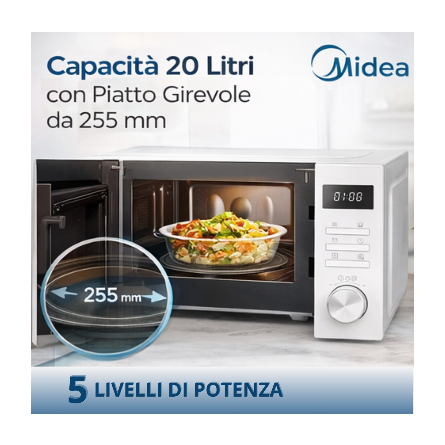 Microonde Midea, capacità 20L, piatto girevole 255mm, 5 livelli.