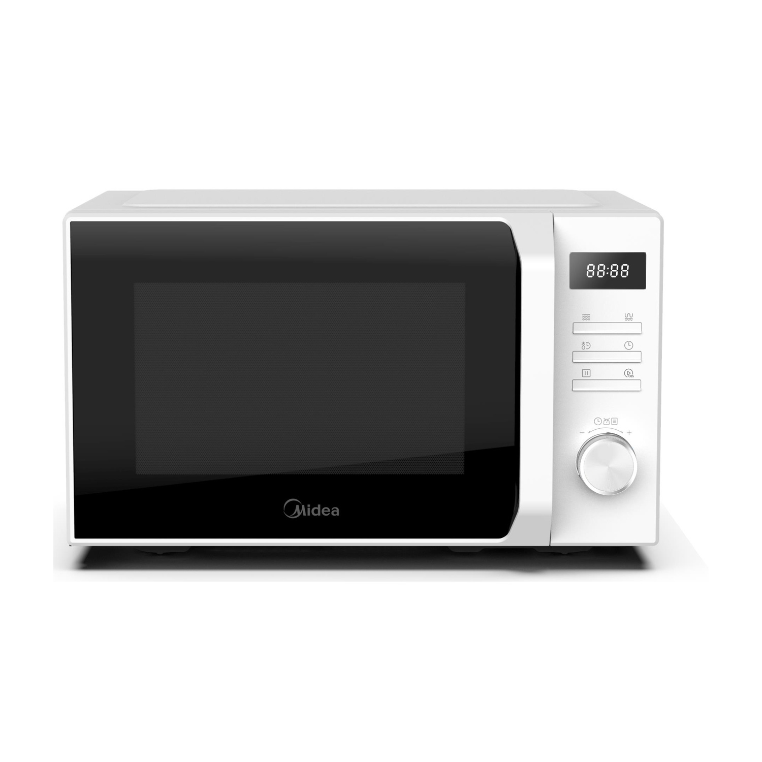 Un microonde Midea bianco con porta nera e display digitale.